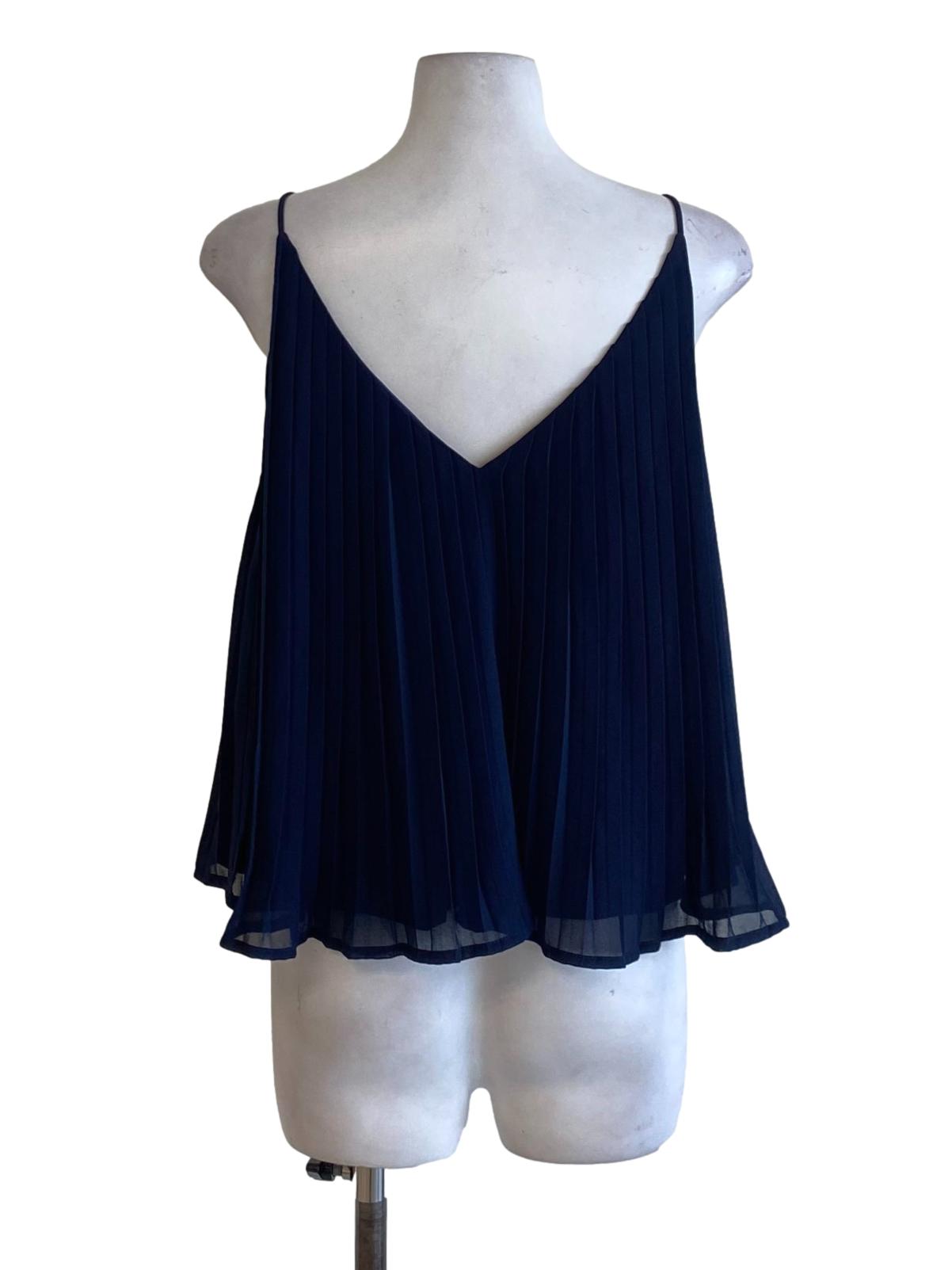 Navy Blue Pleated V-Neck Flowy Top