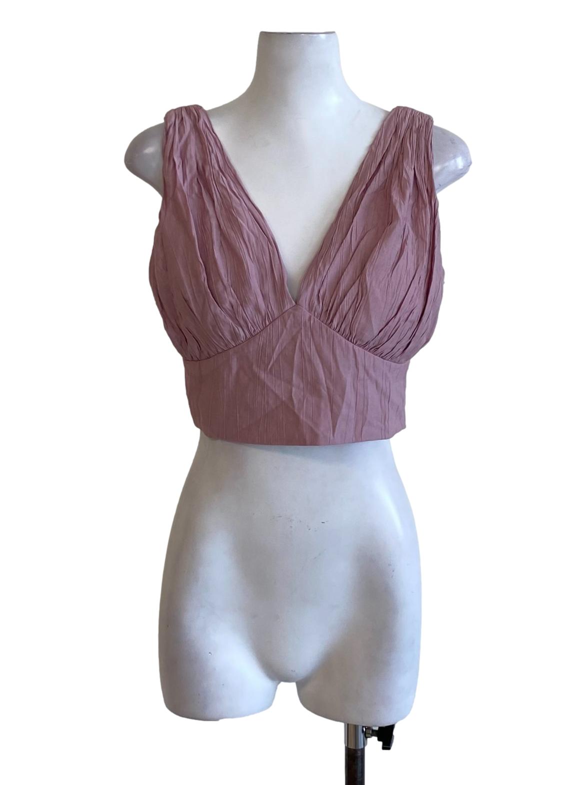 Dusty Pink V-Neck Zip Up Puffed Cropped Top