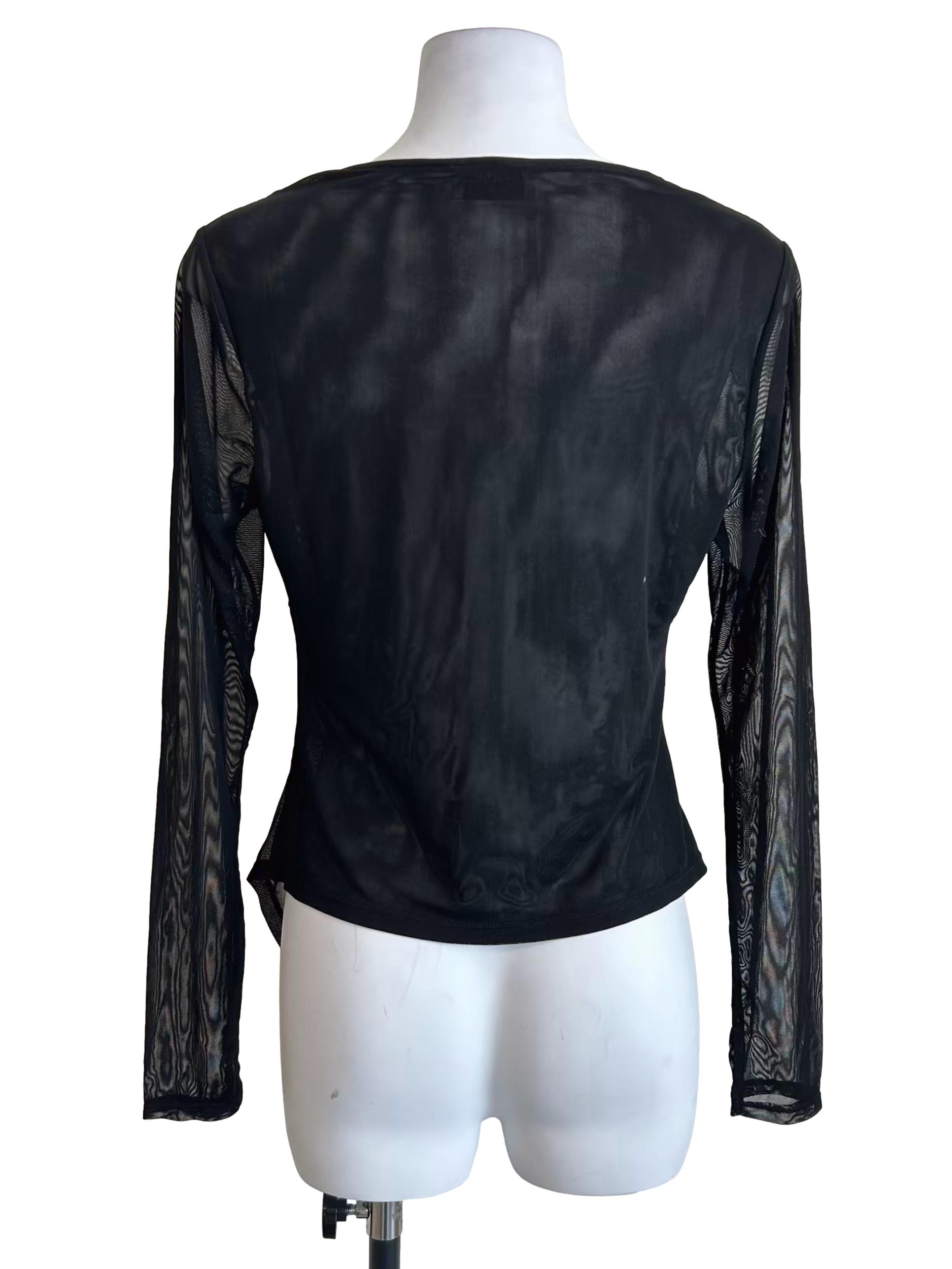 Black Ruched Sheer Mesh Blouse