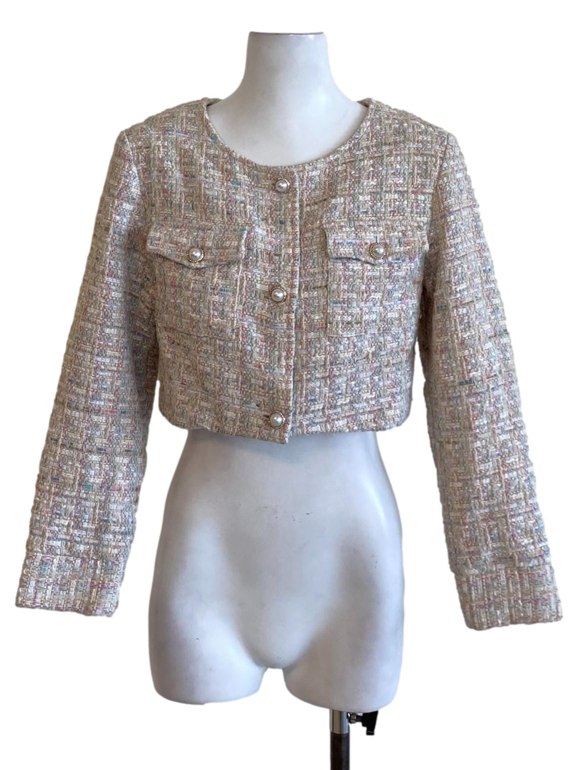 Colour Block Boucle Buttoned Down Long Sleeve Cropped Tweed Jacket