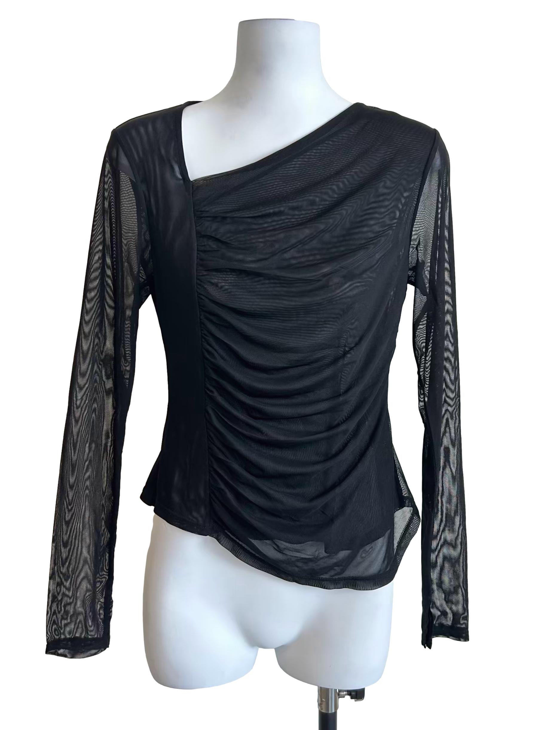 Black Ruched Sheer Mesh Blouse