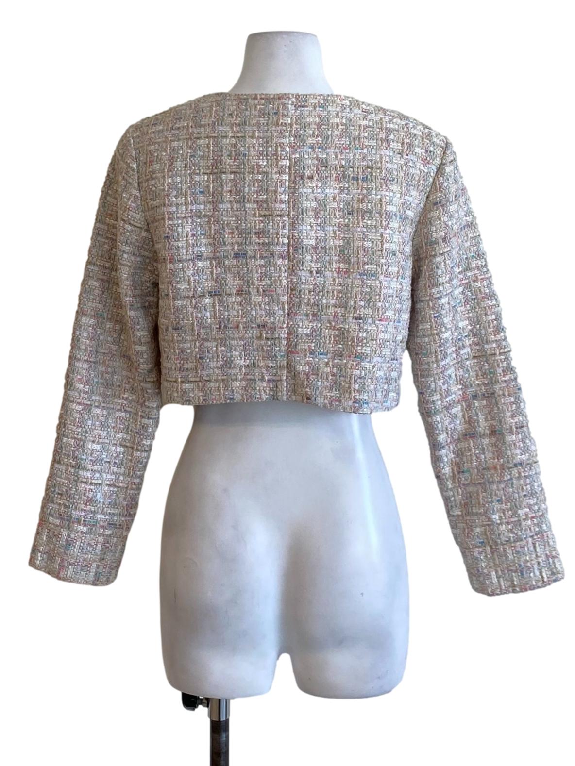 Colour Block Boucle Buttoned Down Long Sleeve Cropped Tweed Jacket