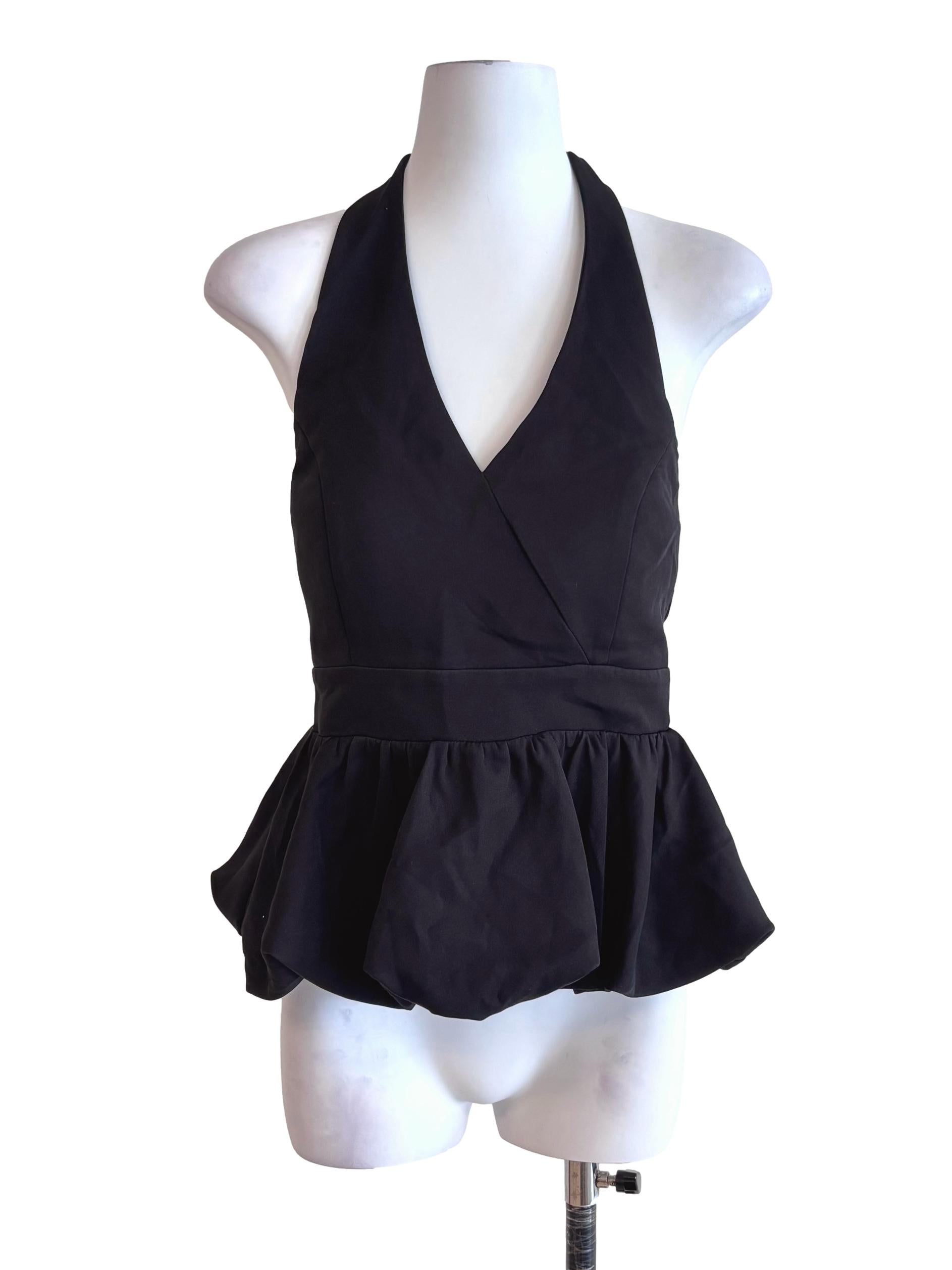 Jet Black Halter Tie Strap Peplum Top