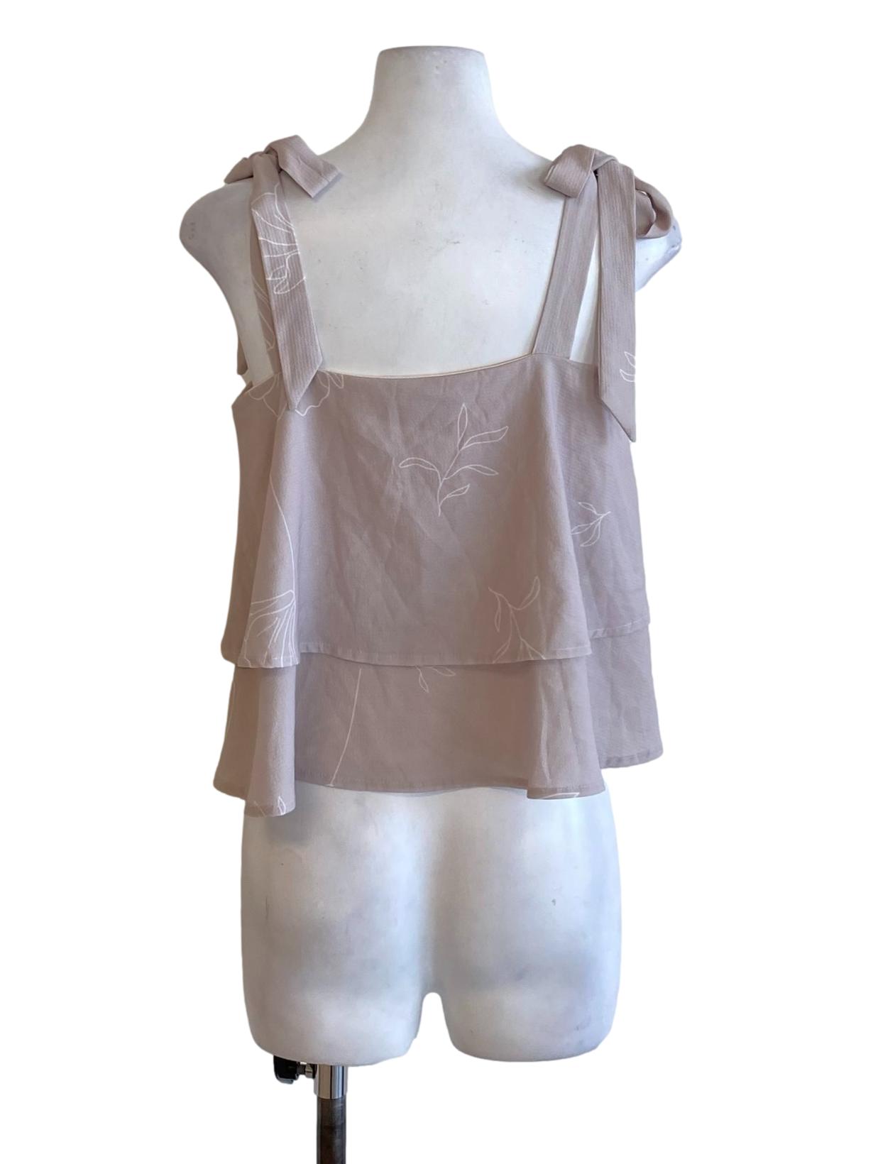 Oat Brown Petal Printed Tie Strap Flowy Top