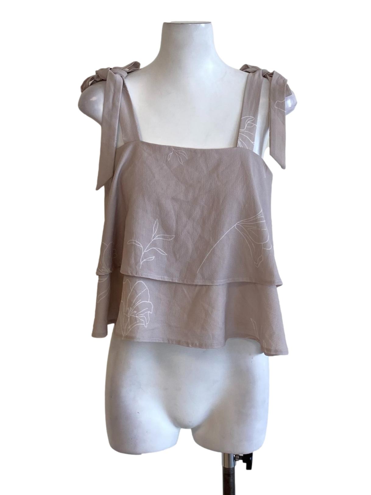 Oat Brown Petal Printed Tie Strap Flowy Top