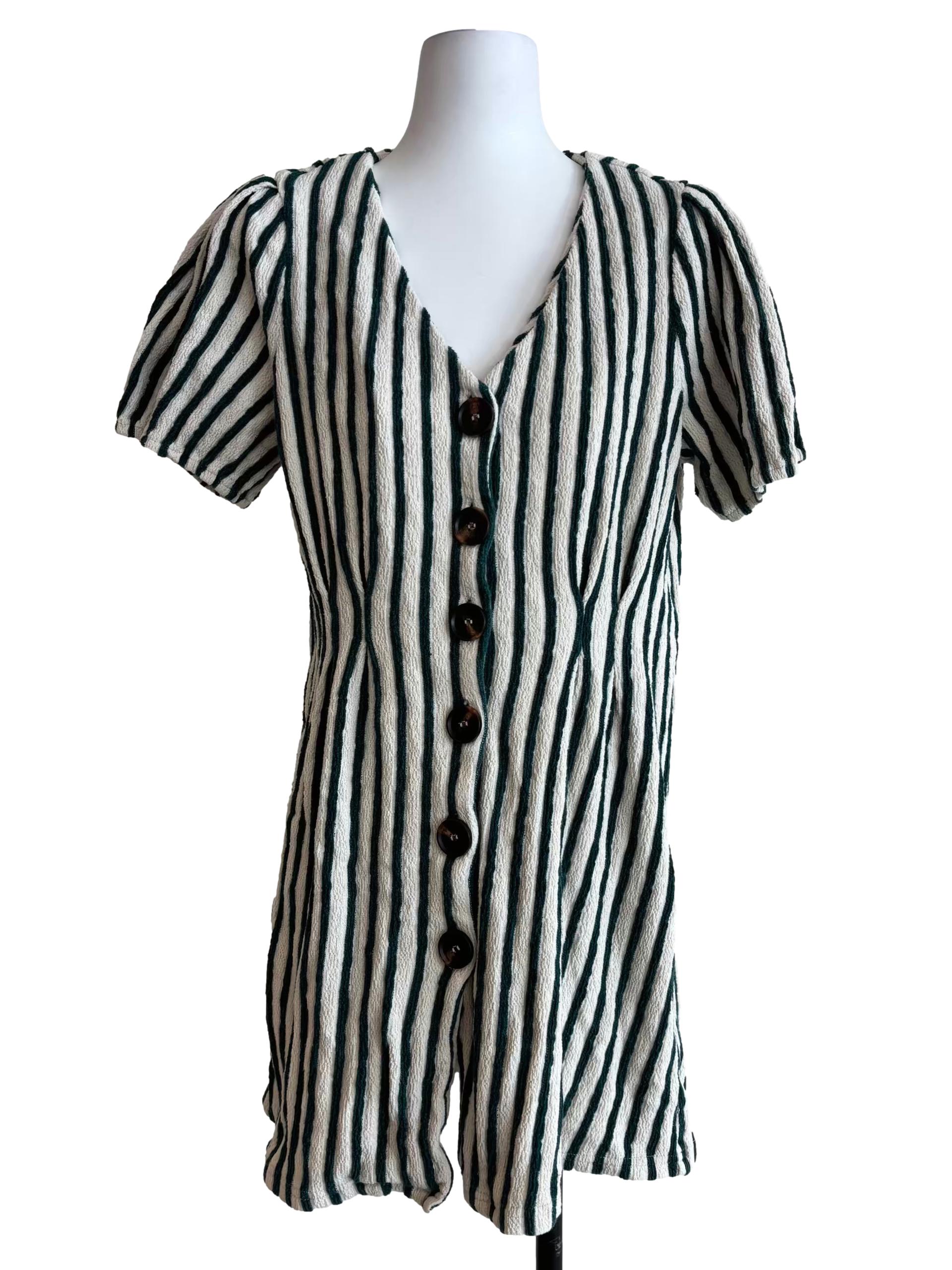 White And Green Stripe Buttoned Dress