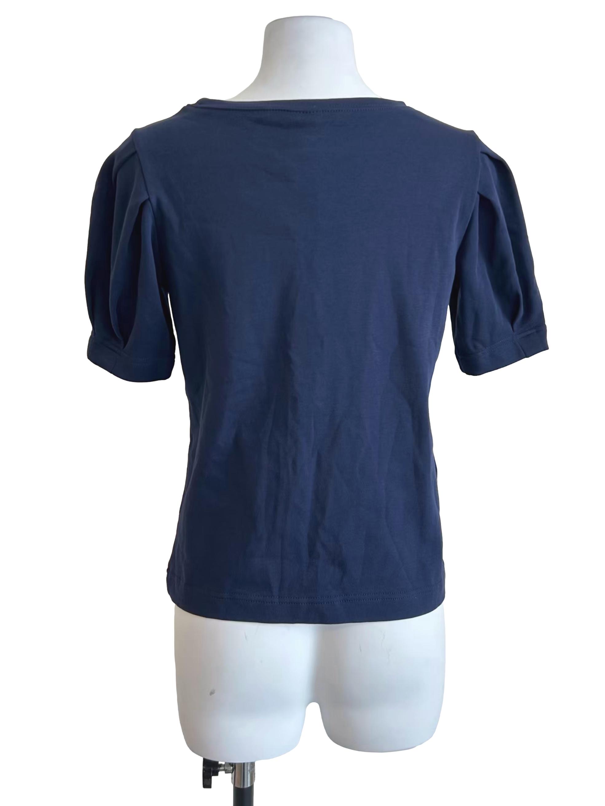 Navy Blue Puff Sleeve Crew Neck Blouse