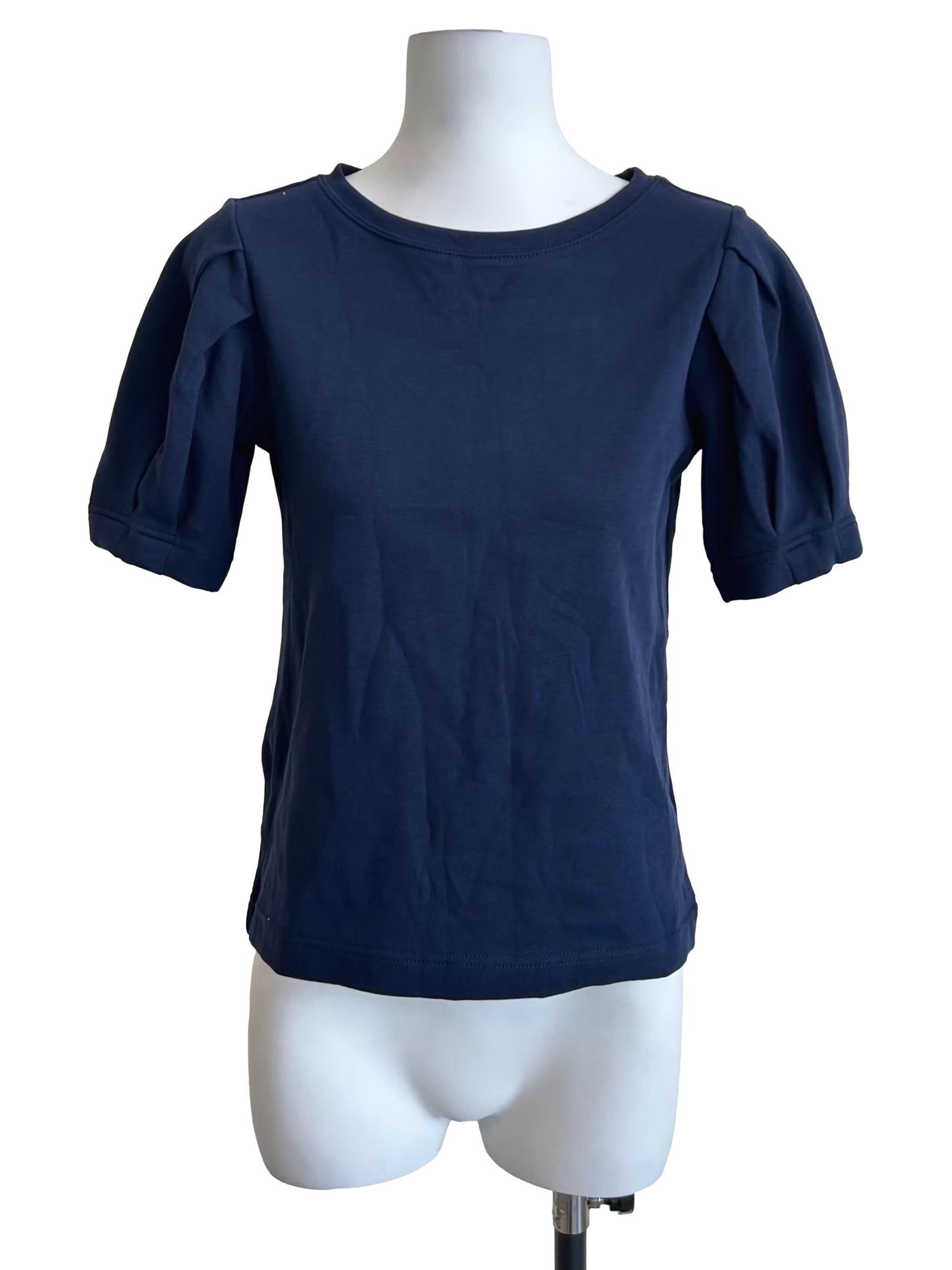 Navy Blue Puff Sleeve Crew Neck Blouse