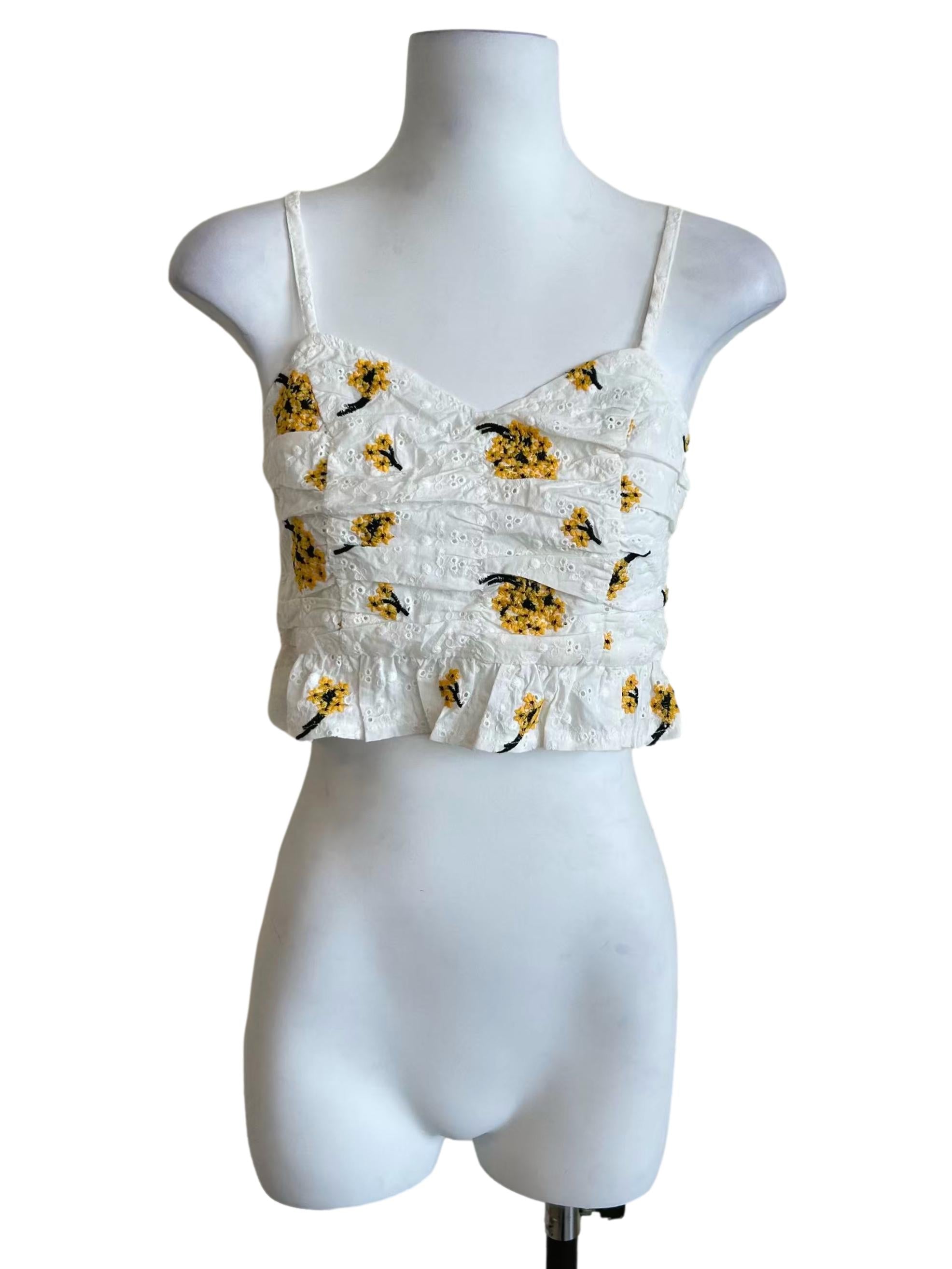 White Sunflower Print Eyelet Cami Top