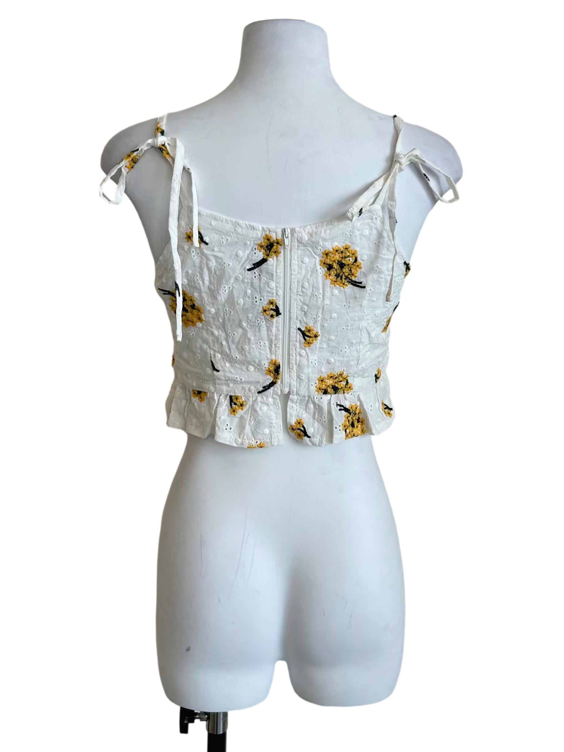 White Sunflower Print Eyelet Cami Top