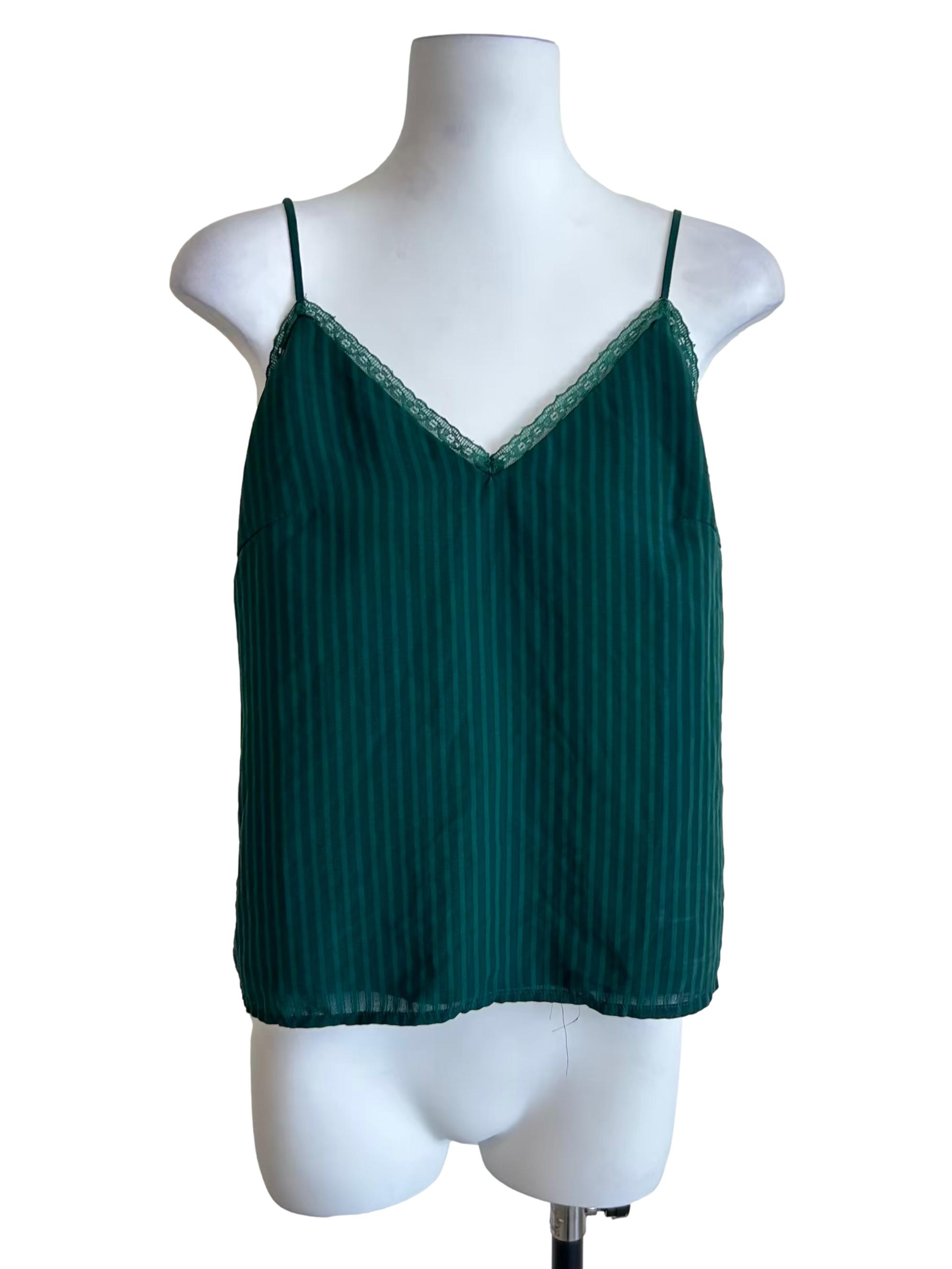 Dark Green Vertical Striped Lace Cami Top LB