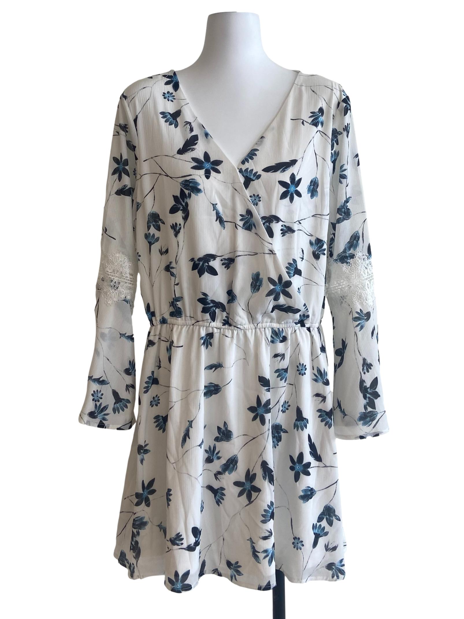White Pegged Waist Floral A-Line Dress