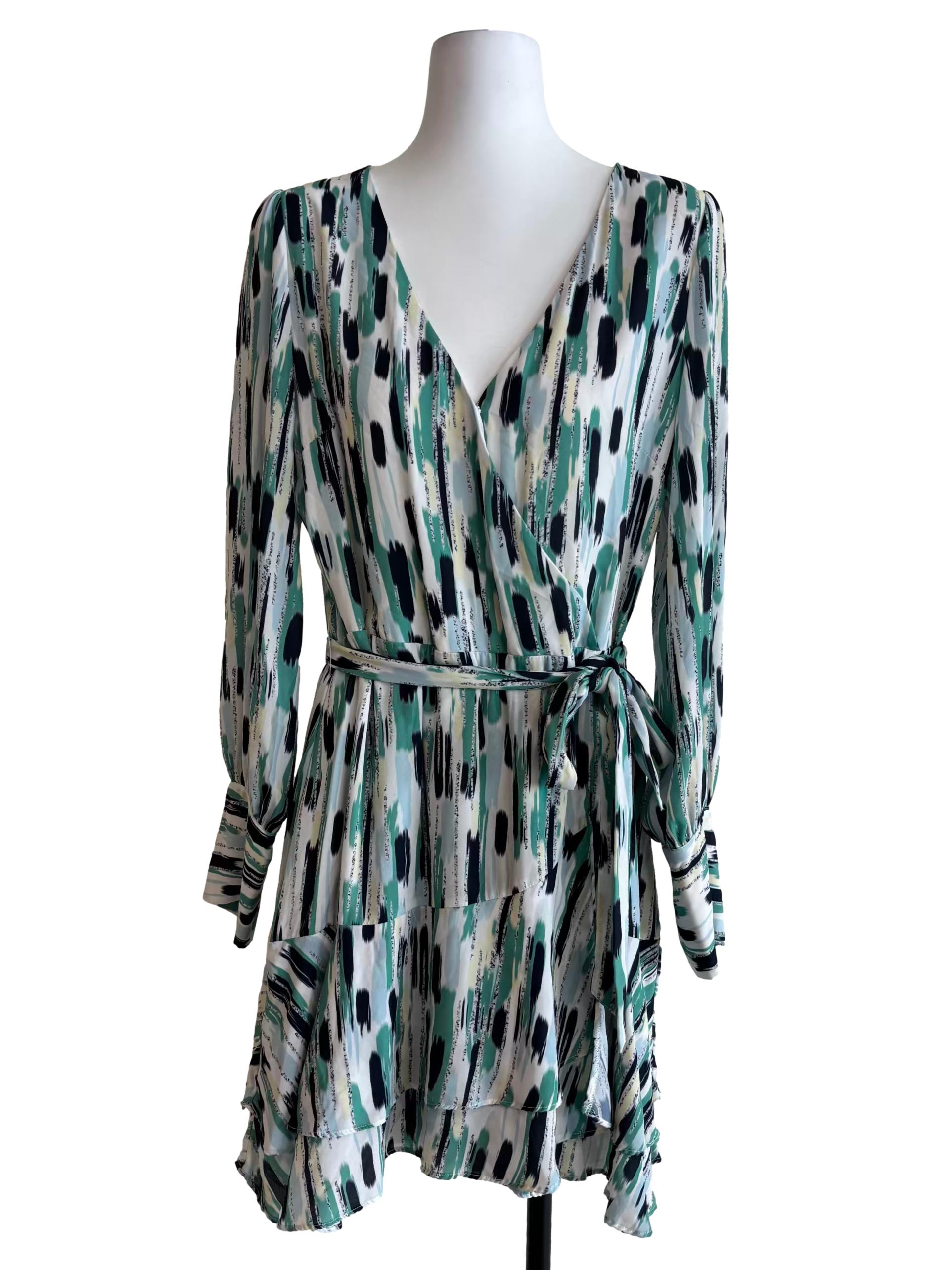 Teal Green Streak Print A-Line Dress