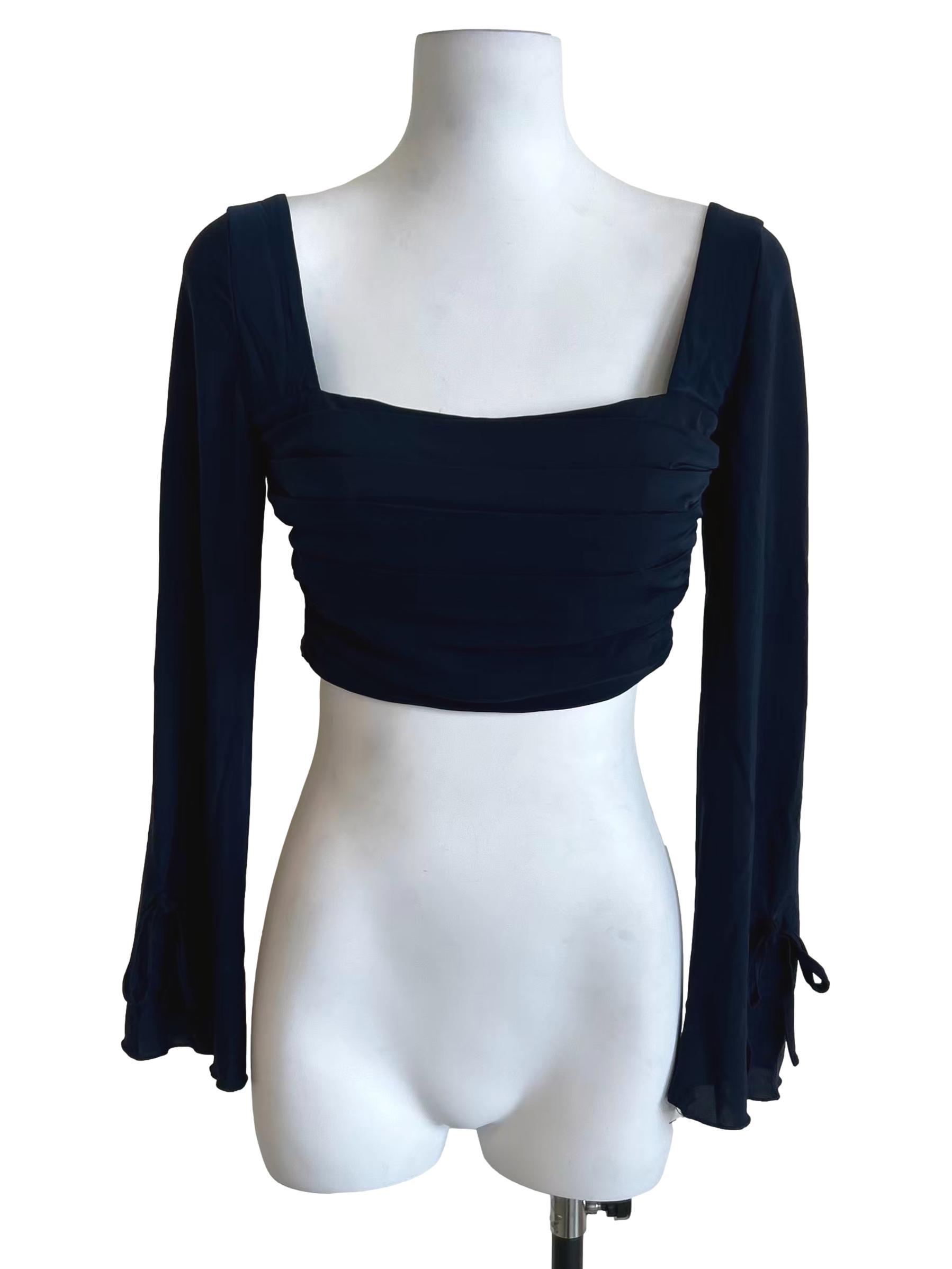 Navy Blue Square Neck Cropped Long Sleeve