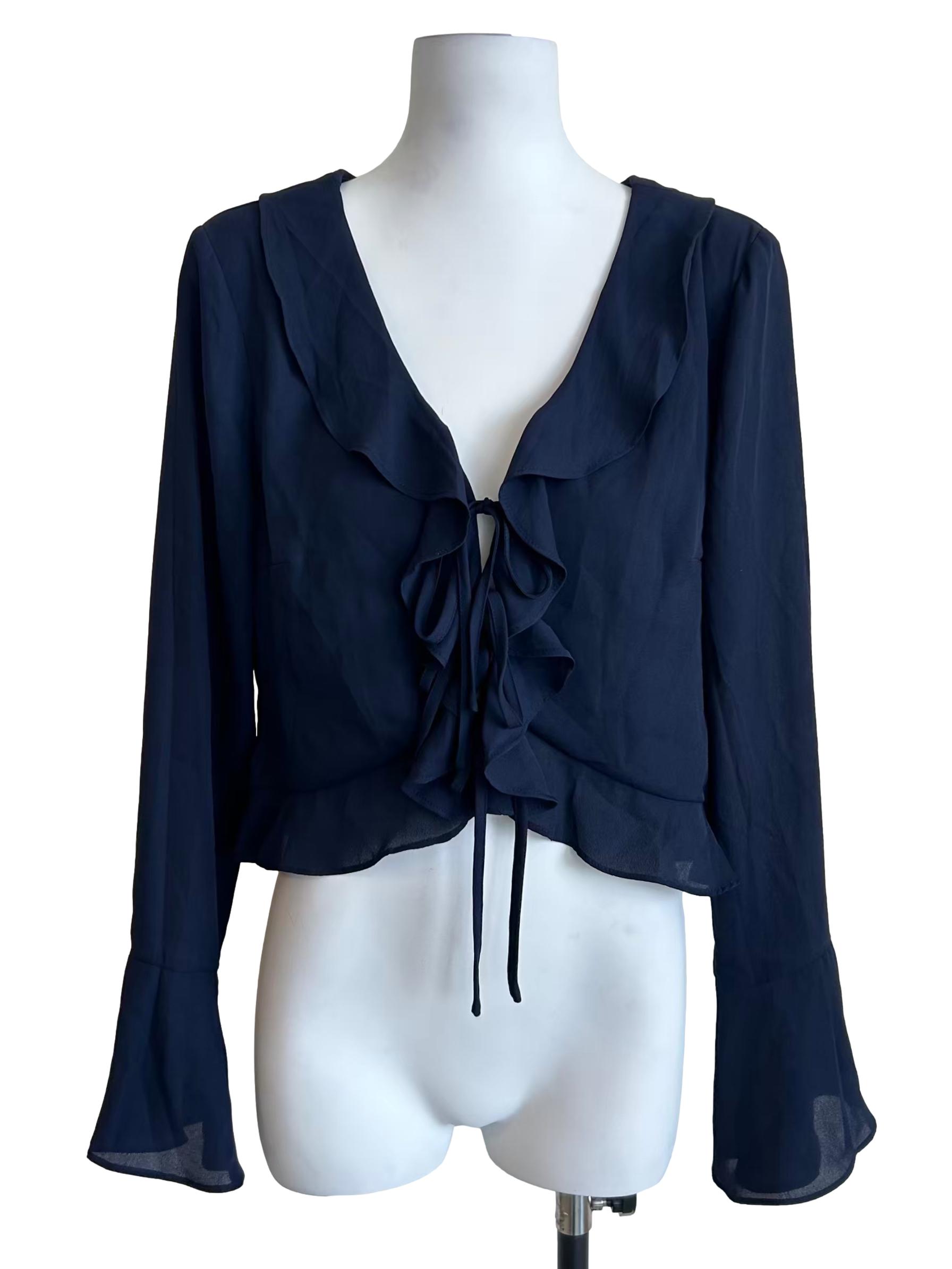 Navy Blue Ruffle Tie Front Long Sleeve Blouse