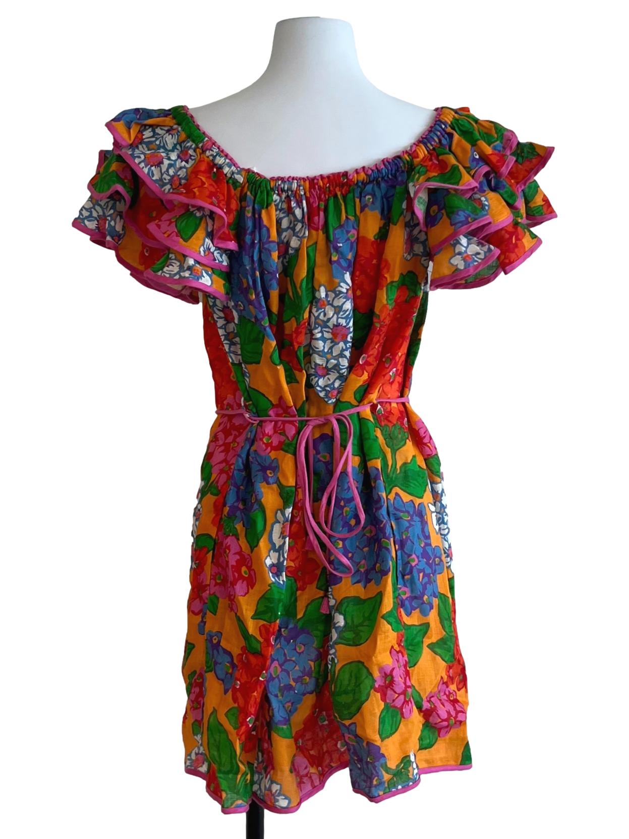 Multicolour Floral Print Linen Mini Dress