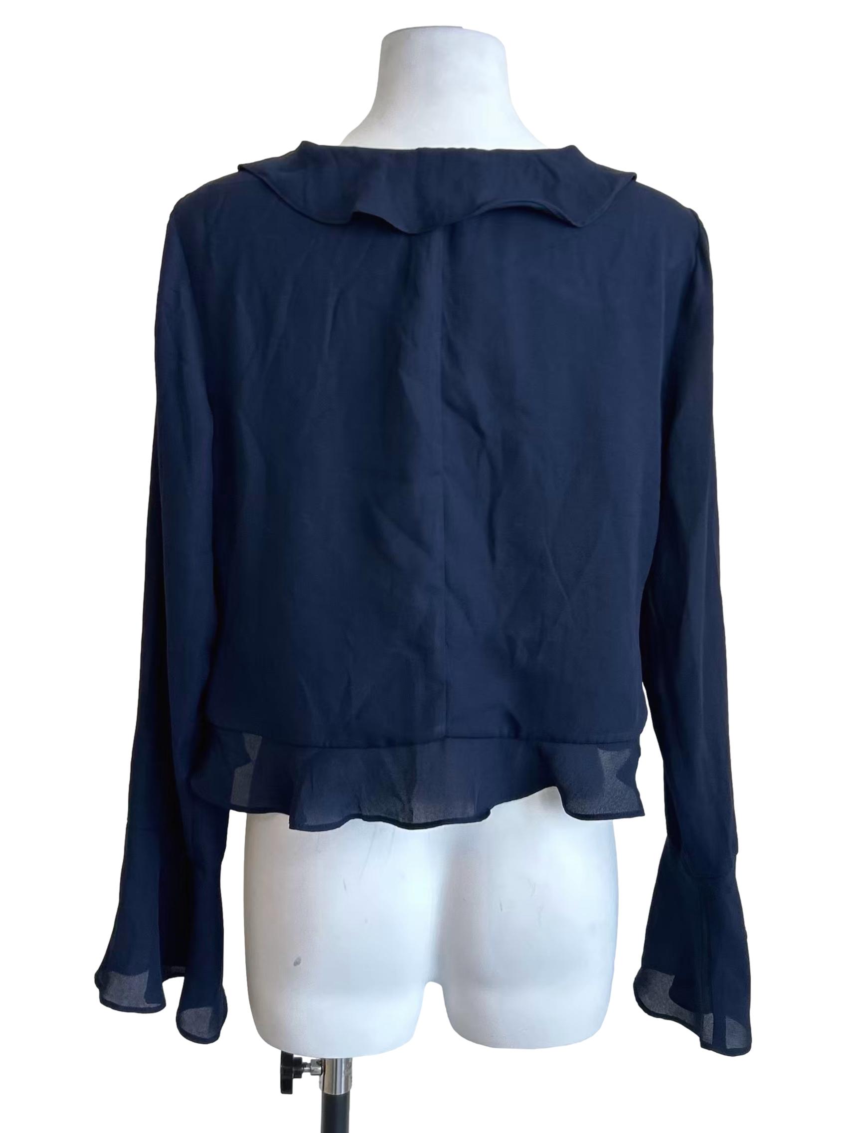 Navy Blue Ruffle Tie Front Long Sleeve Blouse