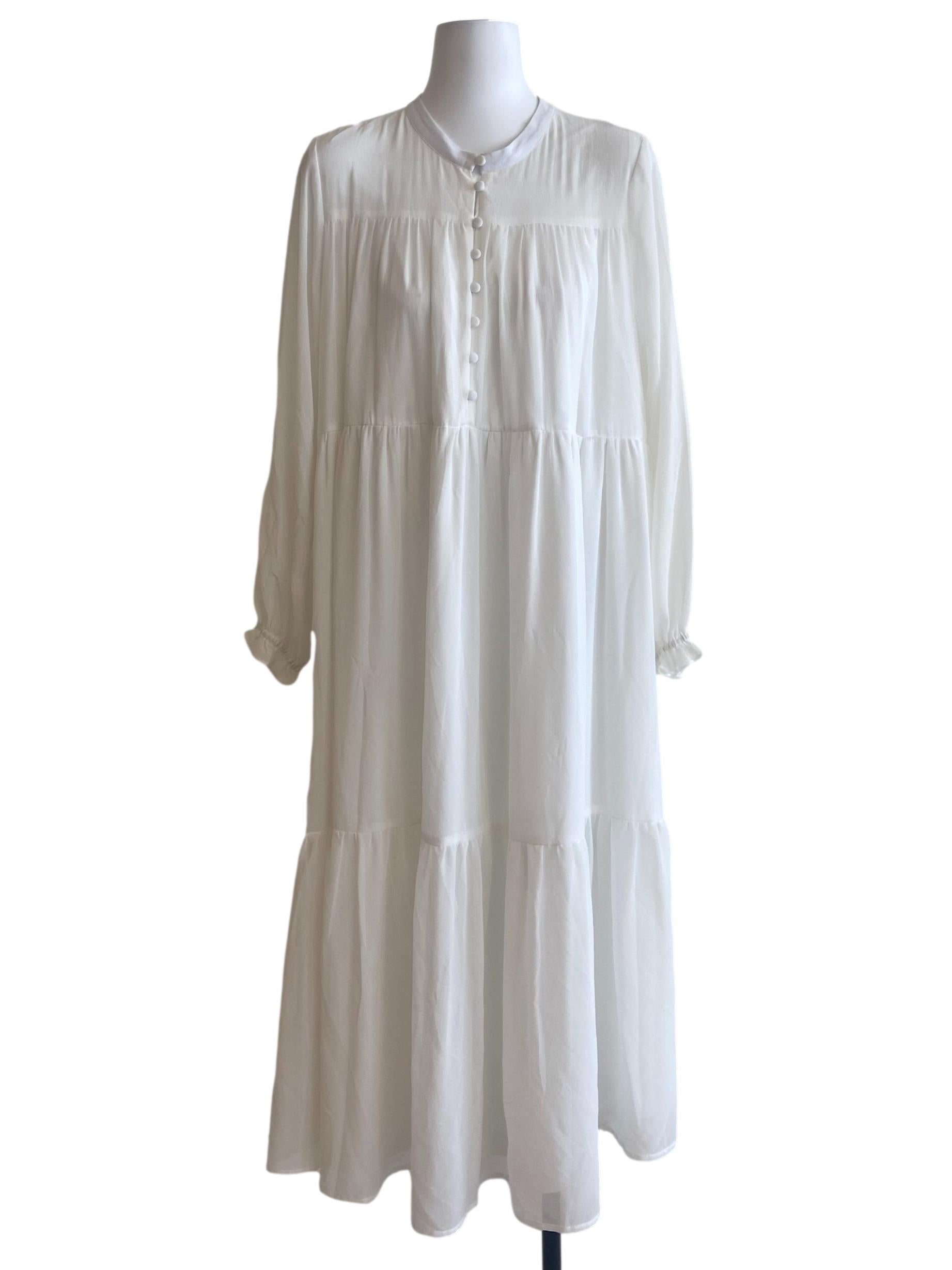 White Half Button Tiered Dress