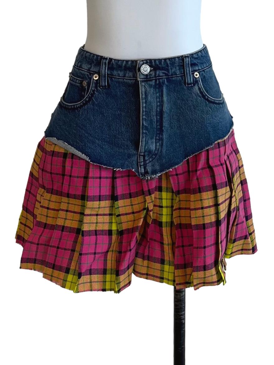 Pink Yellow Denim Check Skirt