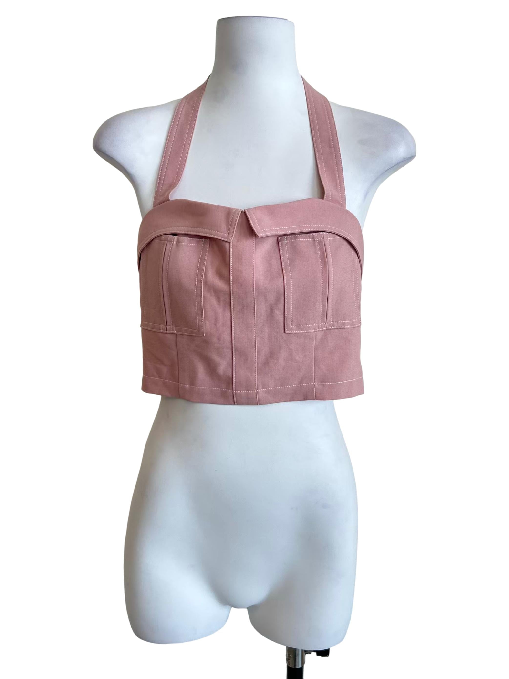 Pink Halter Neck Utility Pocket Top