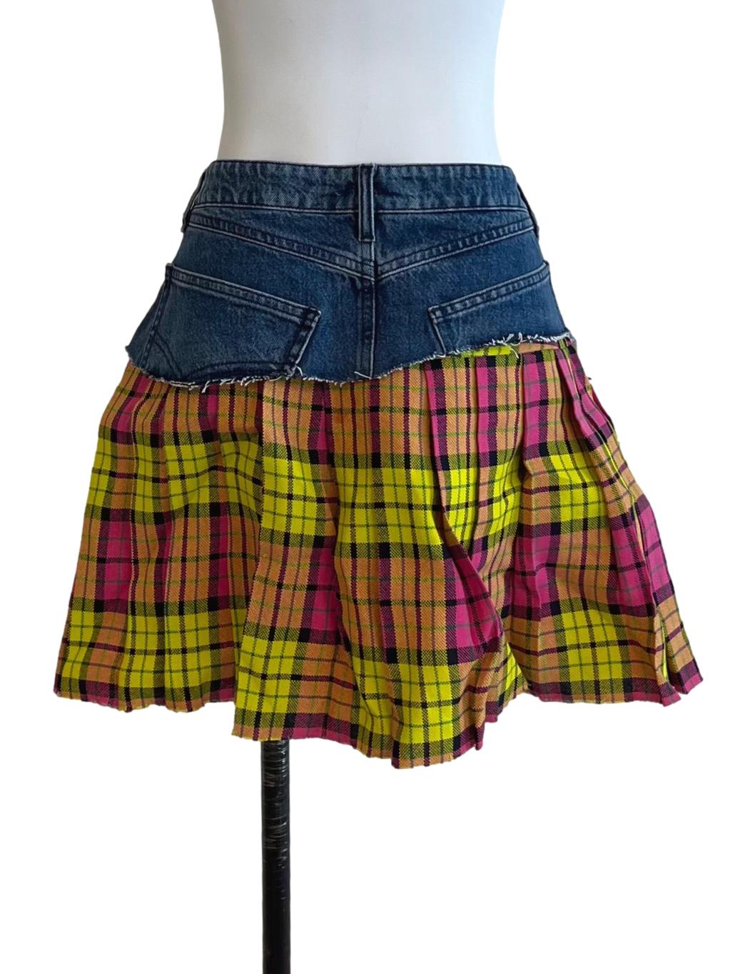 Pink Yellow Denim Check Skirt