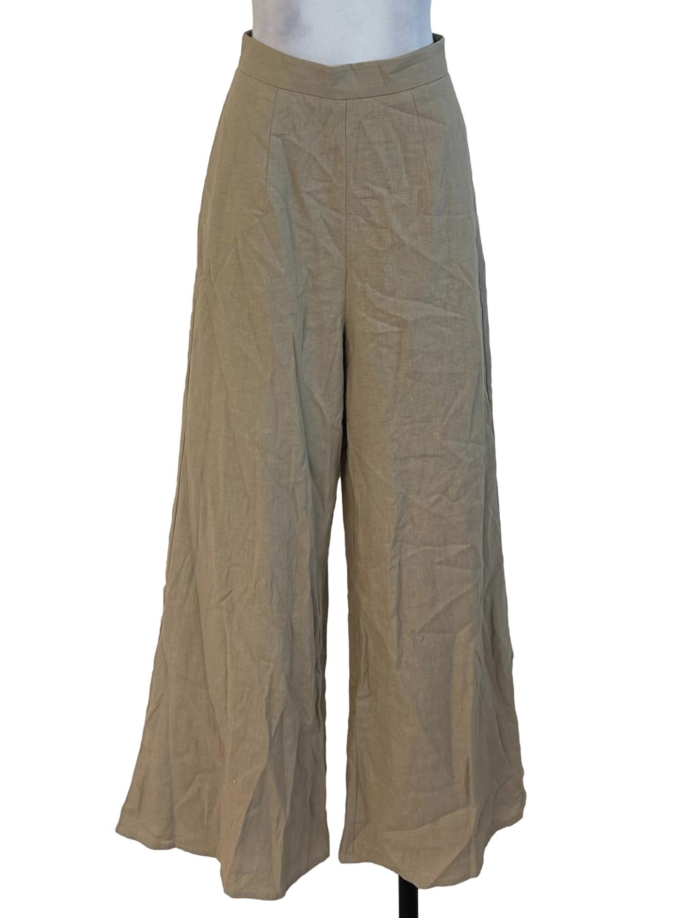 Khaki Brown High Waist Wide Leg Linen Pants