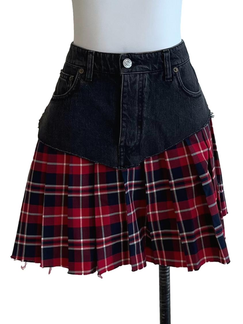 Black And Red Reconstructed Denim Tartan Skirt