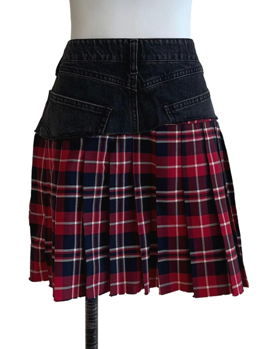 Black And Red Reconstructed Denim Tartan Skirt