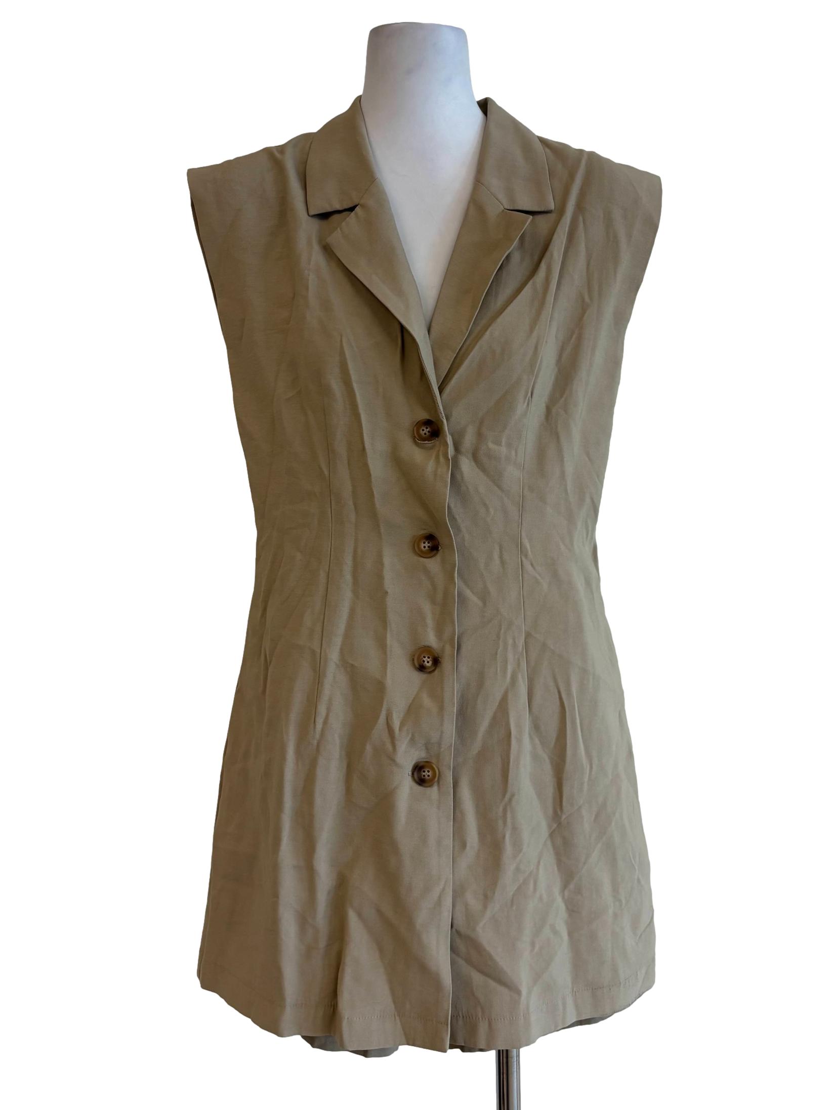 Beige Buttoned Sleeveless Rompers Dress