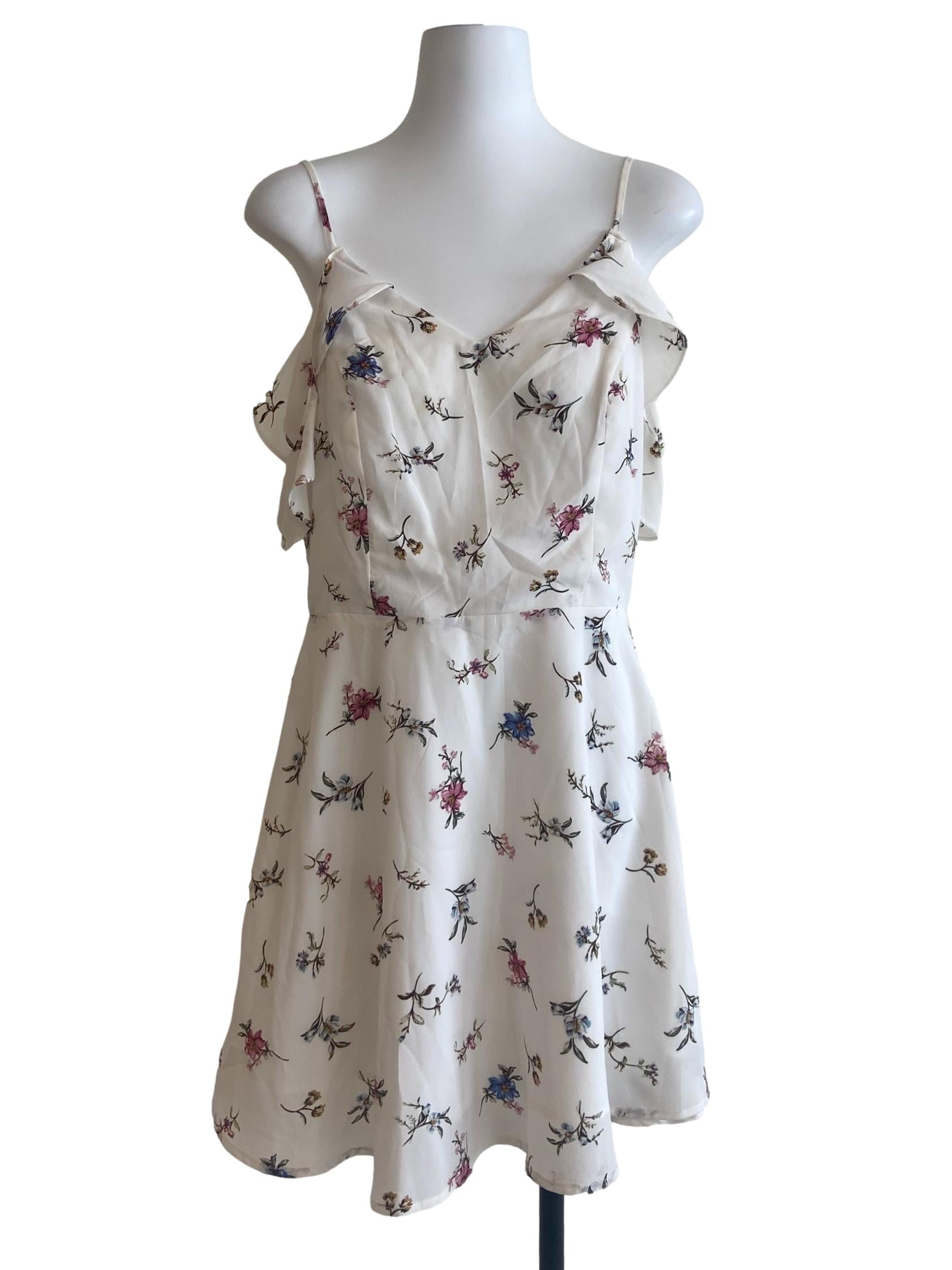 White Floral Ruffle A-Line Dress