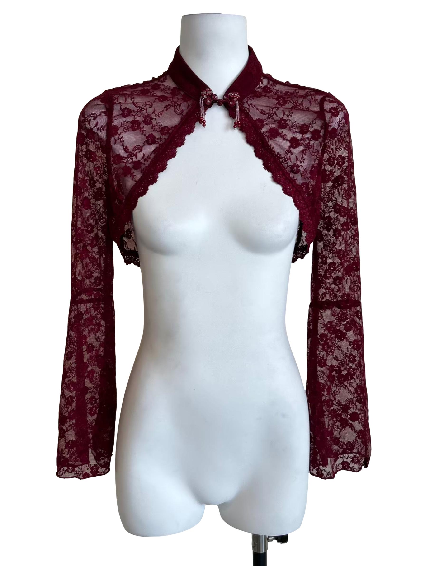 Burgundy Stand Collar Lace Bolero