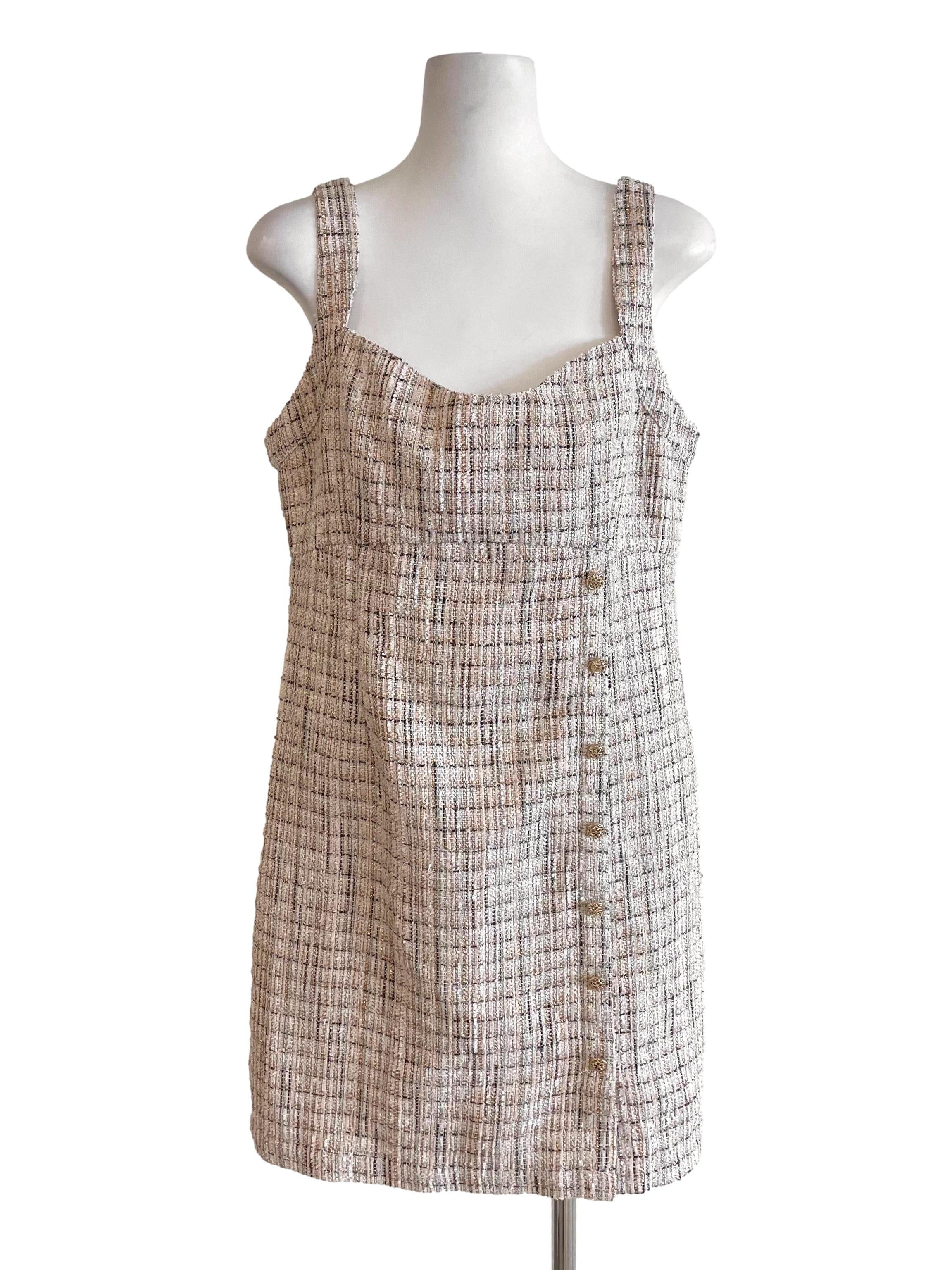 Eggnog Button Shiny Tweed Dress LB