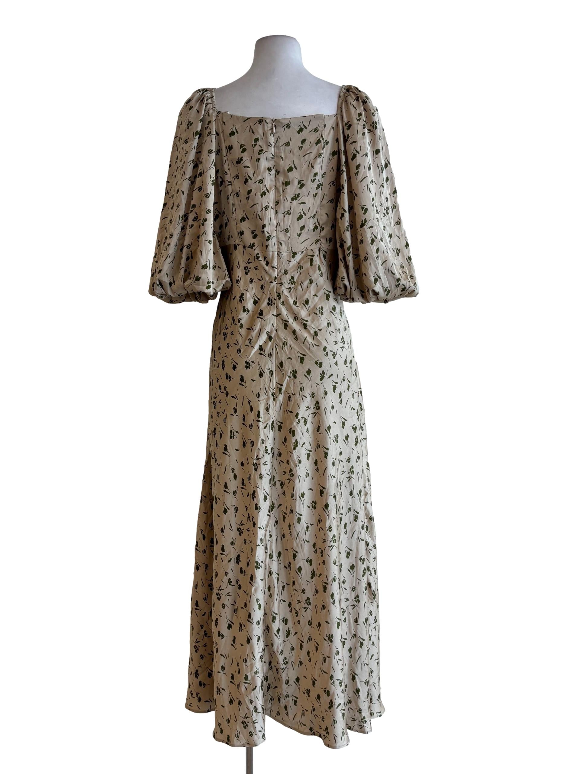 Gold Silky Floral Puff Sleeve Dress