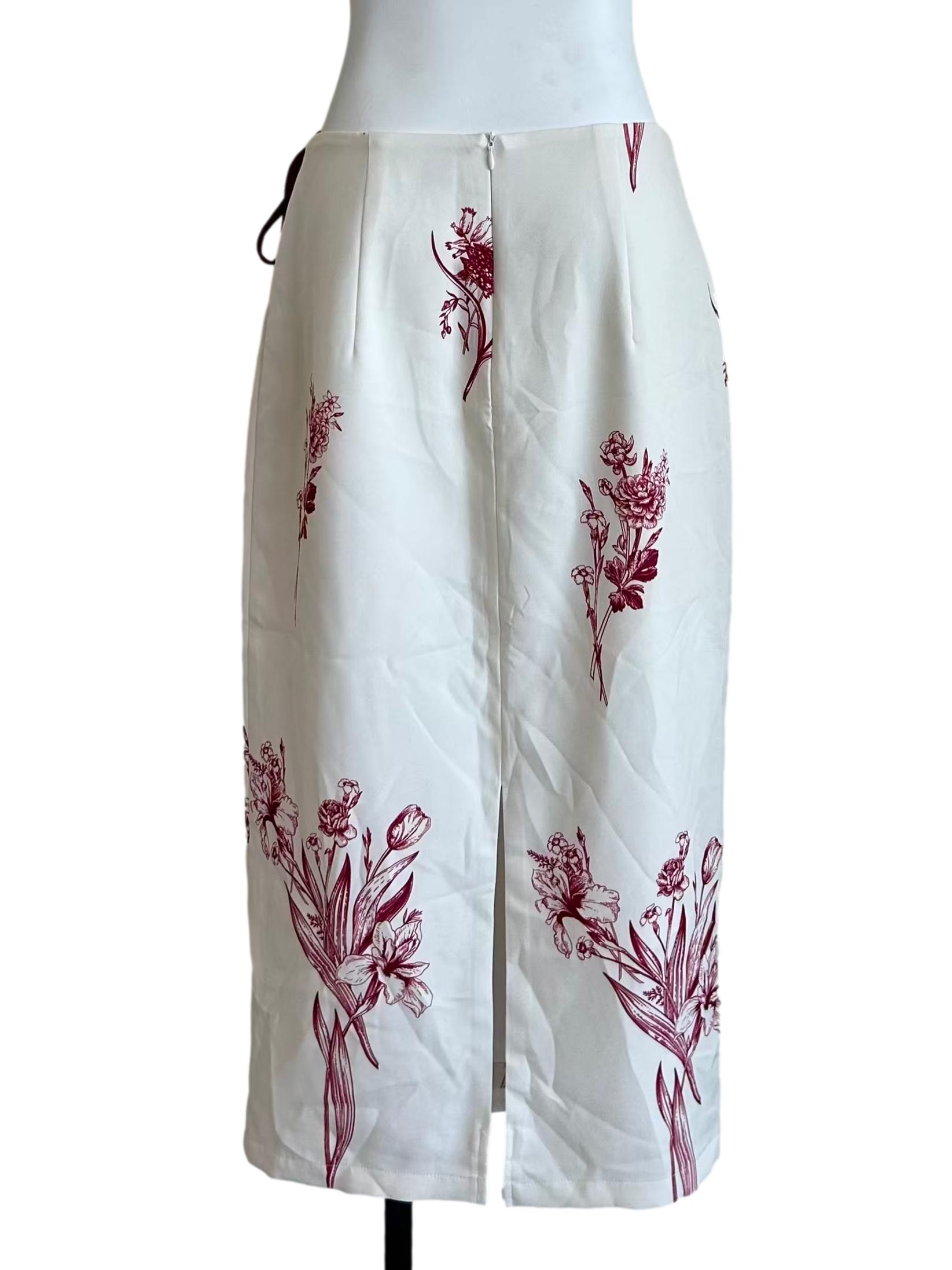 White & Red Floral Print Wrap Skirt