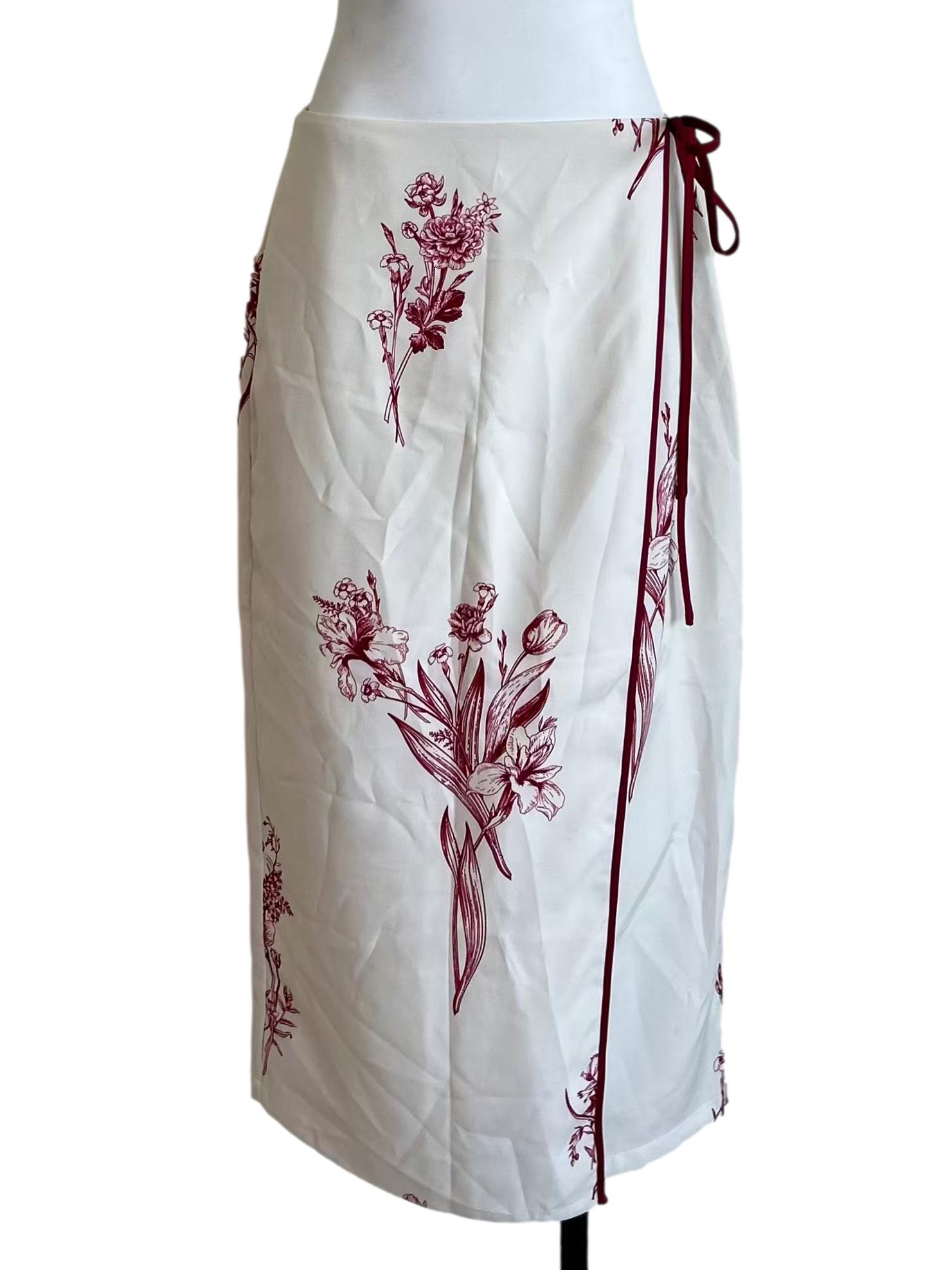 White & Red Floral Print Wrap Skirt