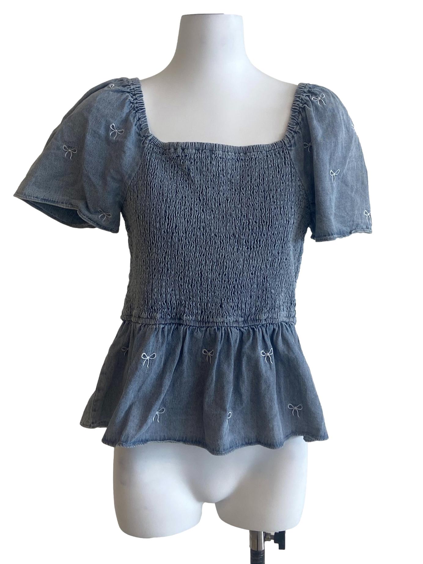 Blue & Ribbon Denim Peplum Blouse