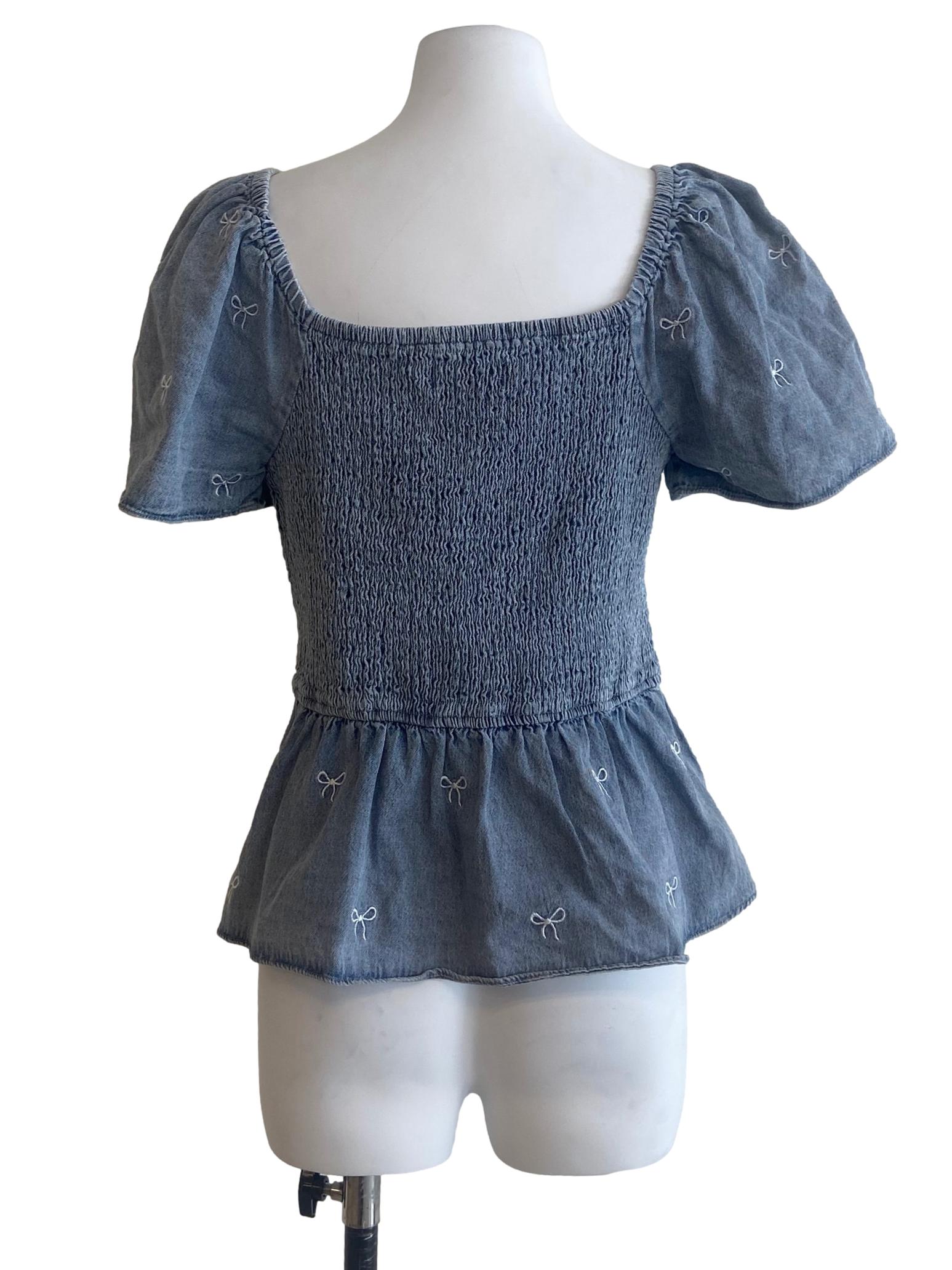 Blue & Ribbon Denim Peplum Blouse