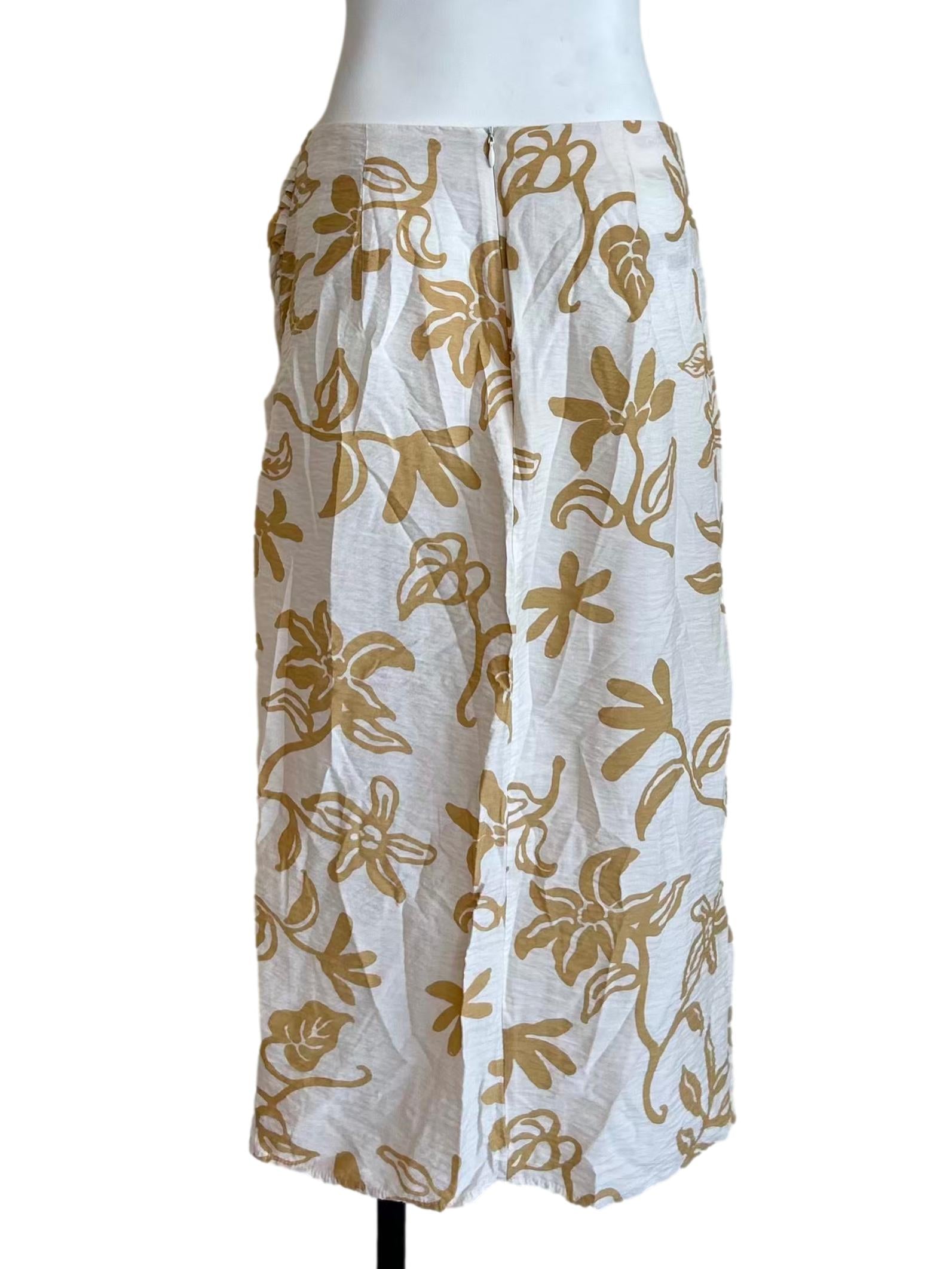 White & Gold Leaf Print Midi Skirt