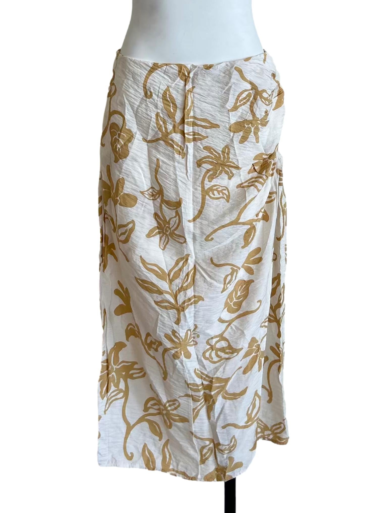 White & Gold Leaf Print Midi Skirt