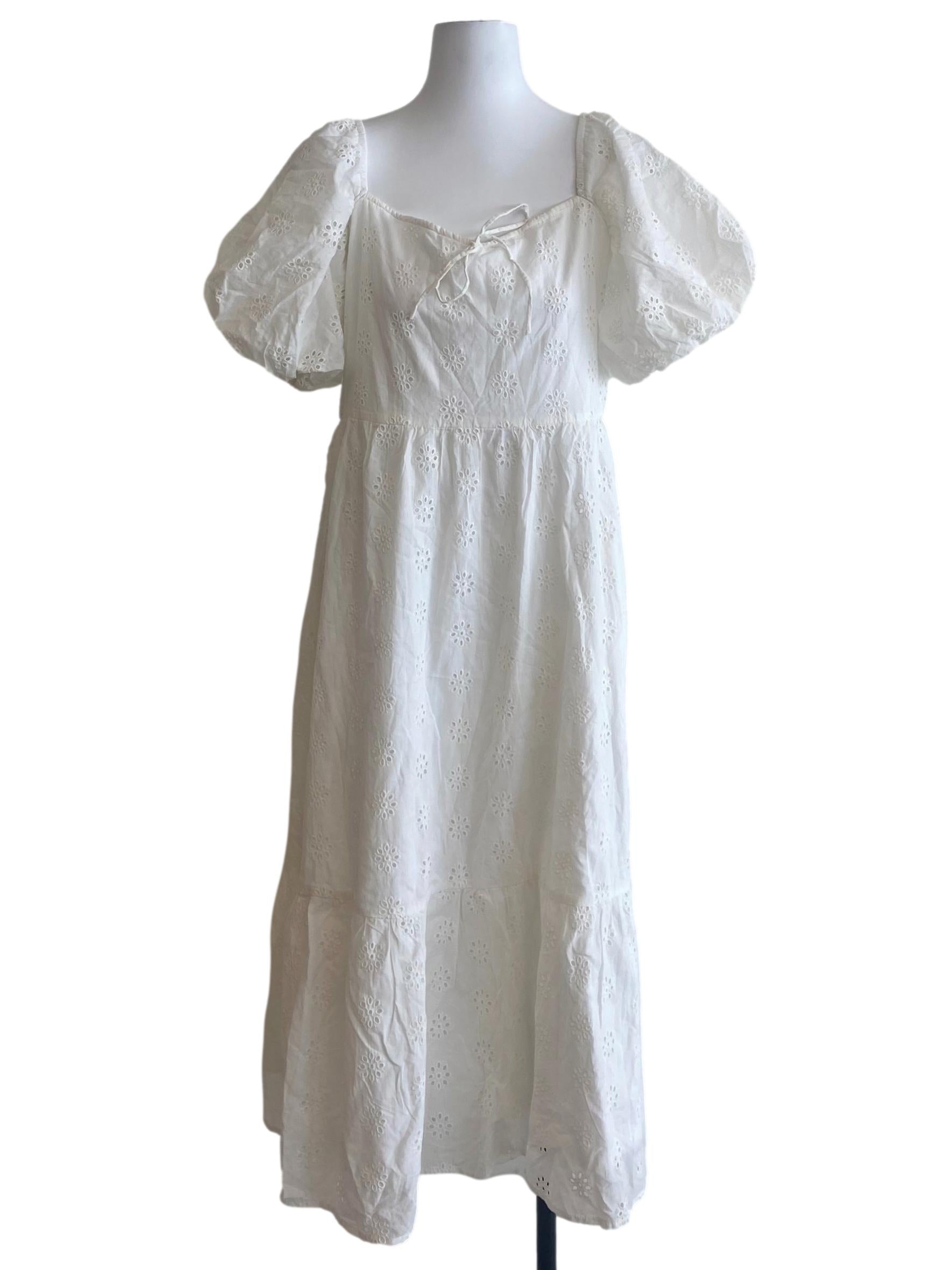 White & Floral Embroidery Empire Dress