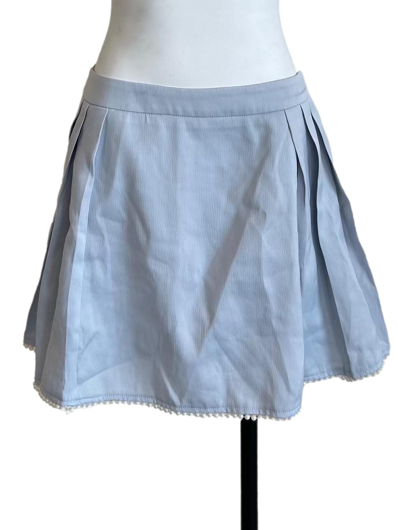 Baby Blue Pleated Pom-Pom Mini Skirt