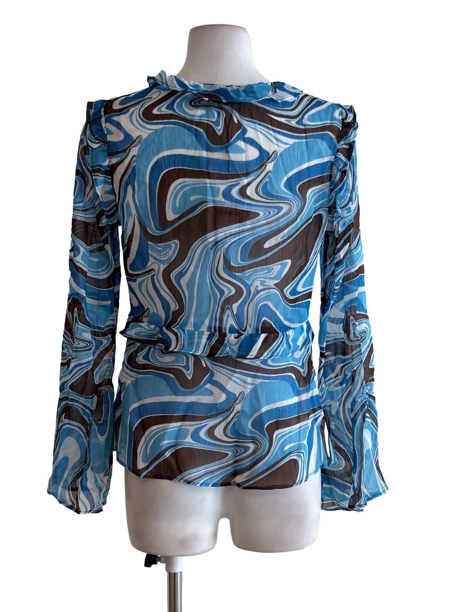 Blue Pattern Ruffle Tie Front Sheer Top
