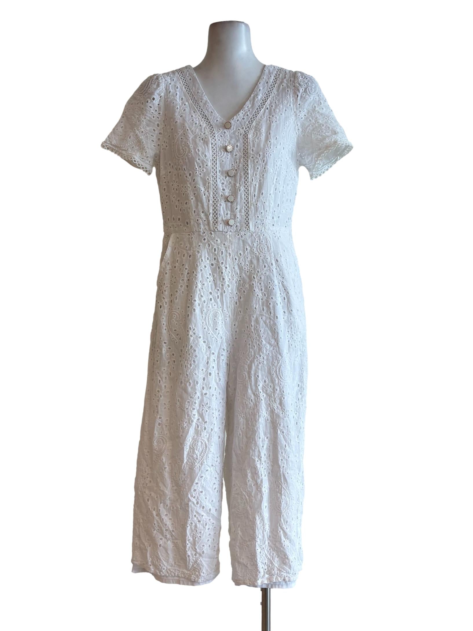 Powder White Eyelet Quarter Jumpsuit