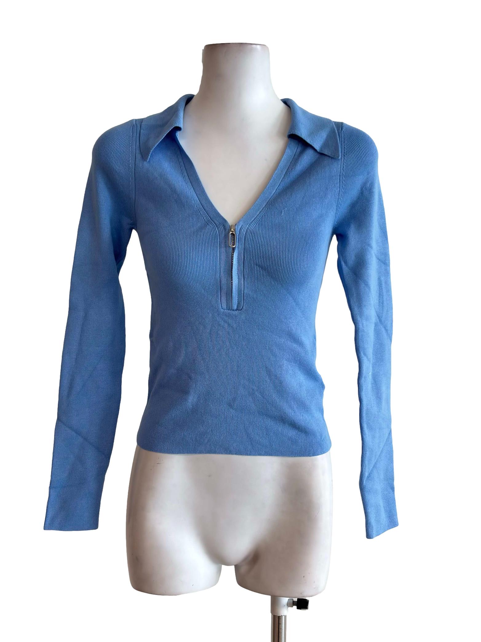 Sky Blue Half Zip Long Sleeve Knit Top