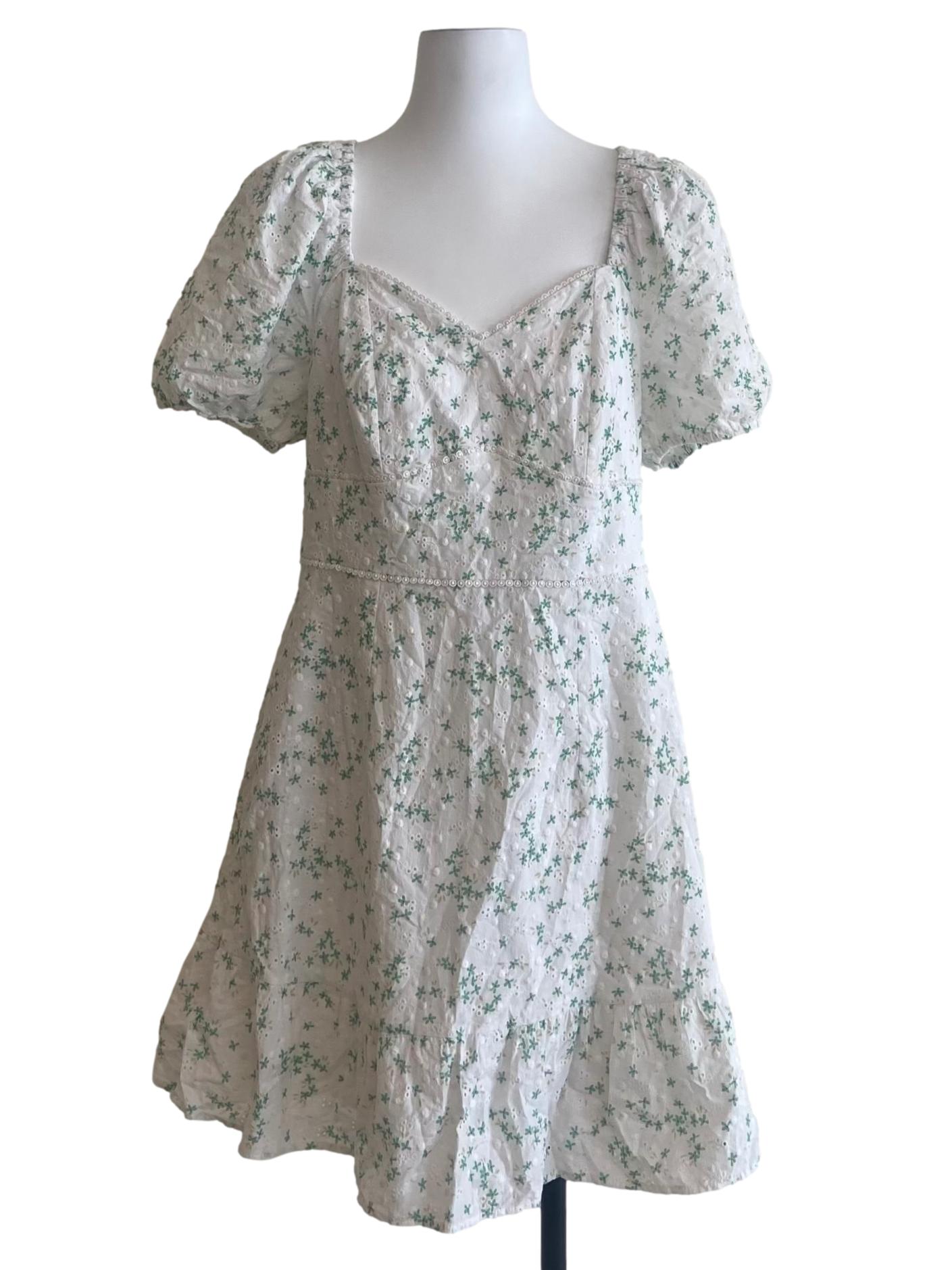White & Green Embroidery Floral A-Line Dress