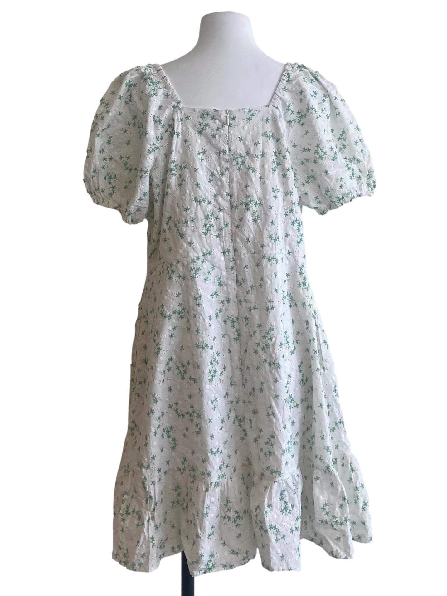 White & Green Embroidery Floral A-Line Dress