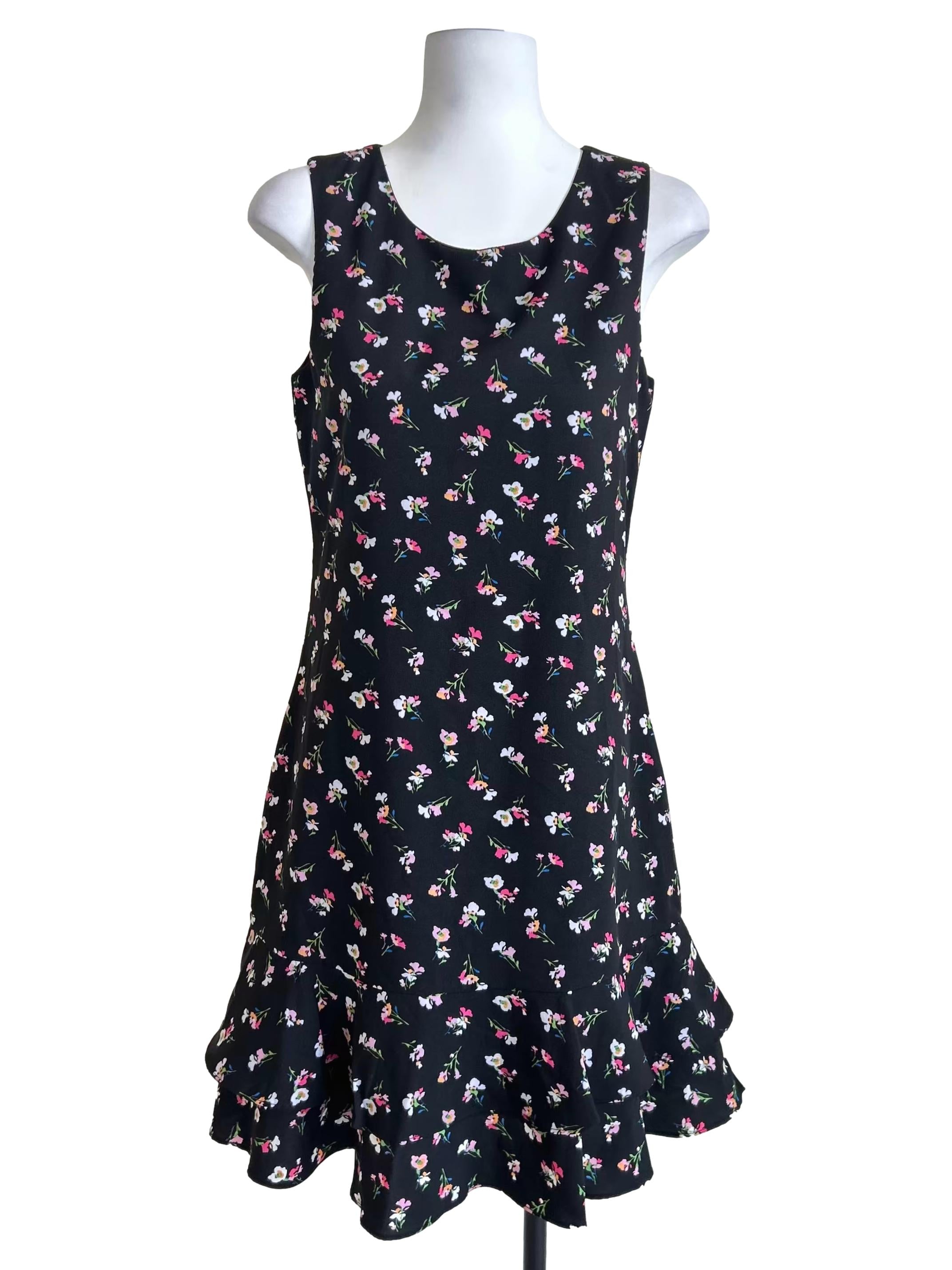 Black Floral Print Ruffle Dress