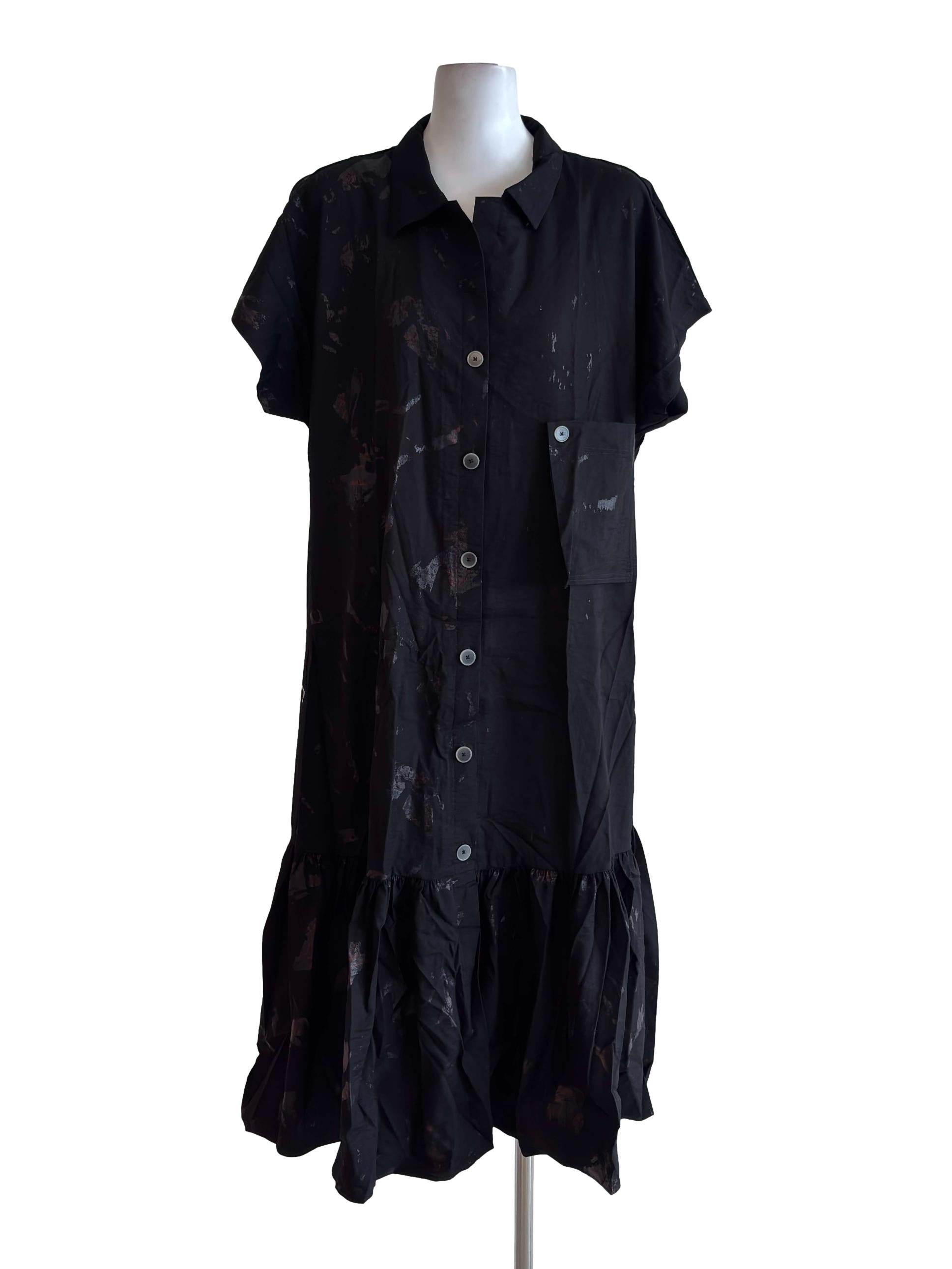 Black Pattern Ruffle Button Front Dress