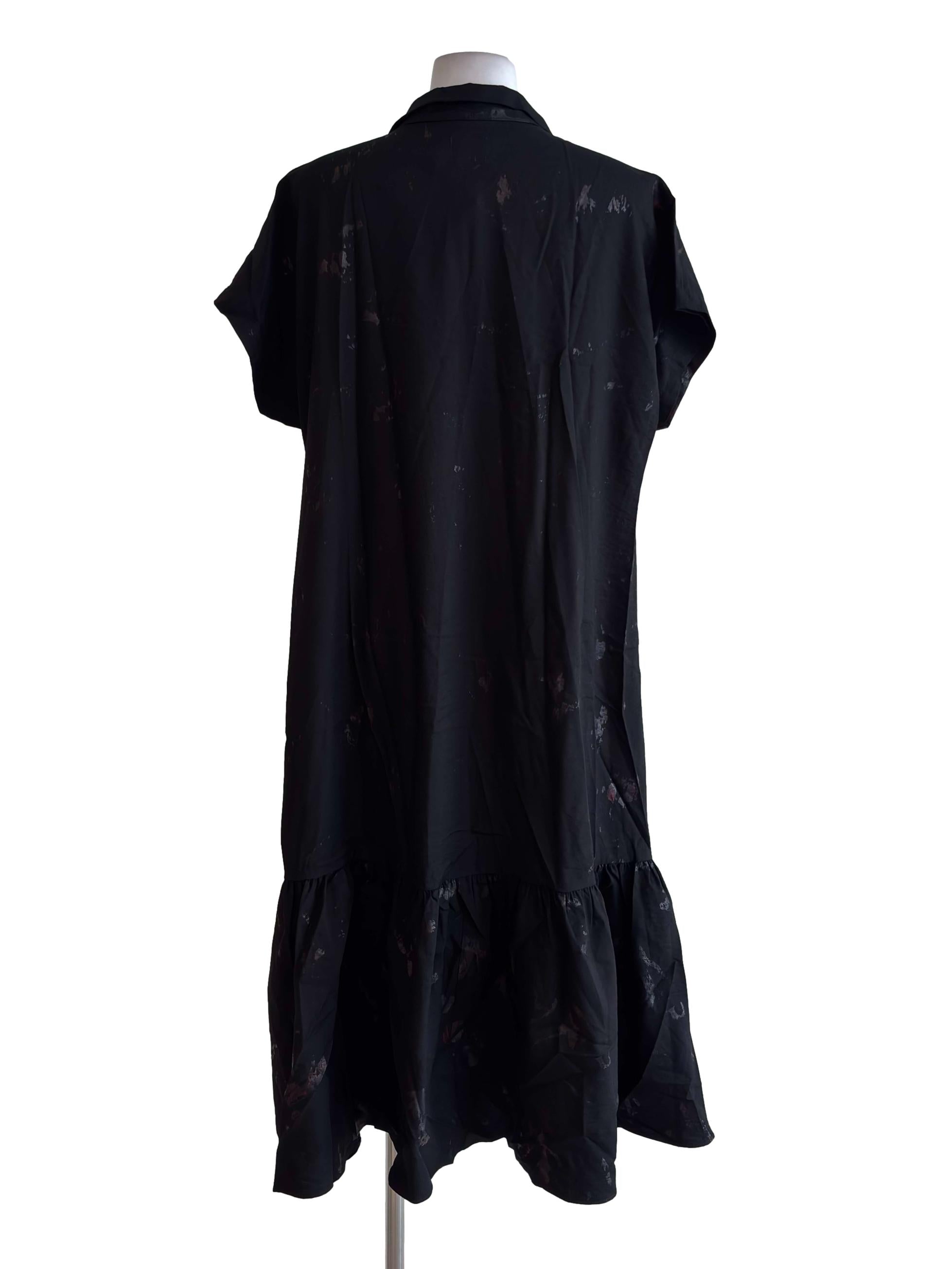 Black Pattern Ruffle Button Front Dress