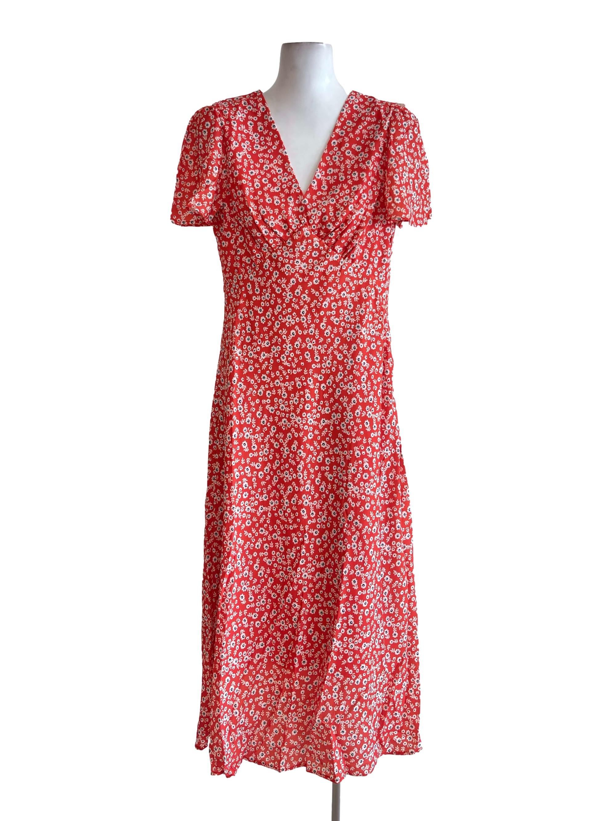 Orange Floral Pattern V Neck Maxi Dress